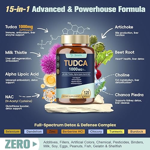 Miniatura 6 de Totaria TUDCA Suplemento de apoyo hepático de 1000 mg con cardo mariano, NAC, ALA, 80% de silimarina, sales biliares extra fuertes 15 en 1
