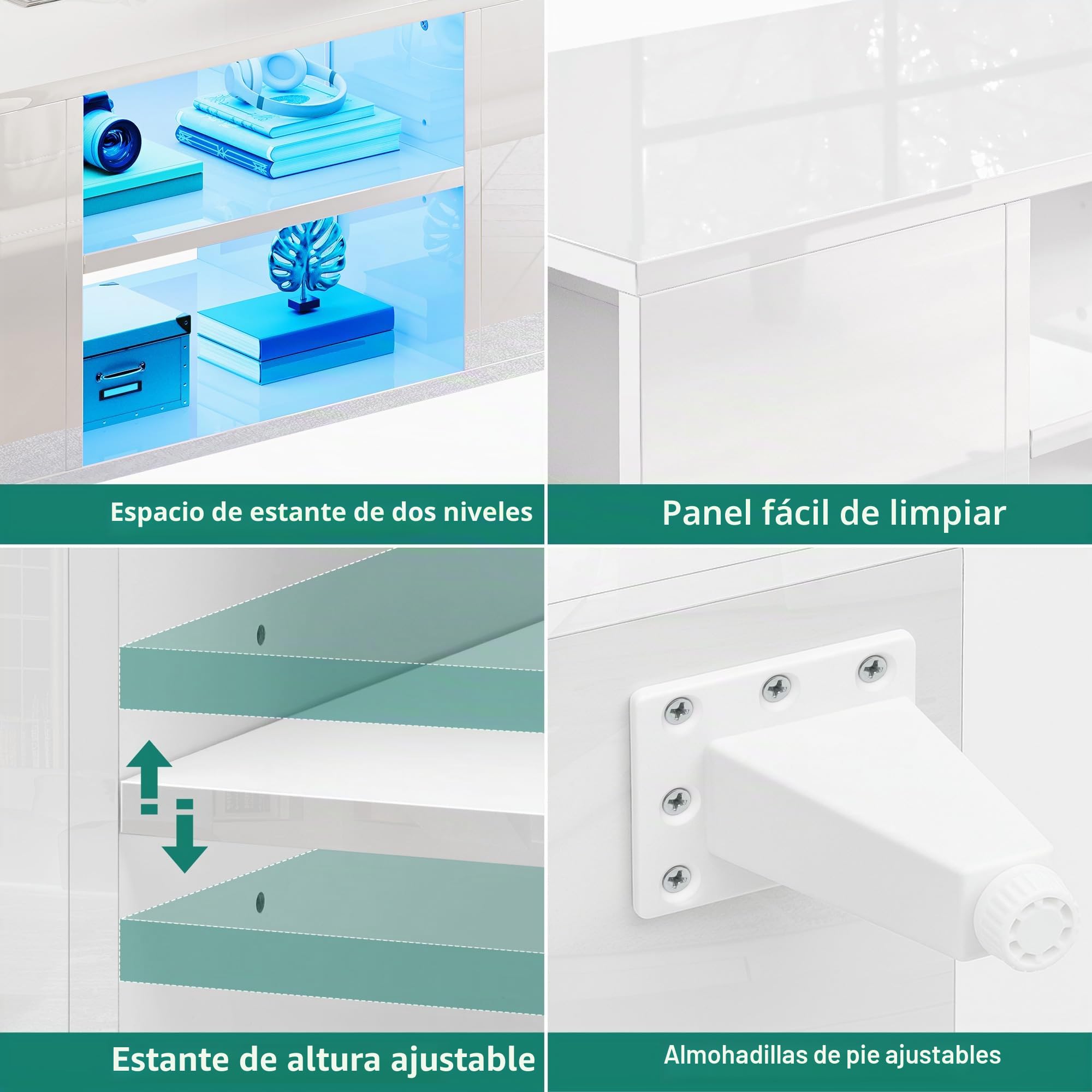 YITAHOME Mesa de Centro Moderna Brillante con Luz LED de 16 Colores, Mesa de Café para Salón con Estante Ajustable, Blanco, 97,5 x 48 x 45 cm