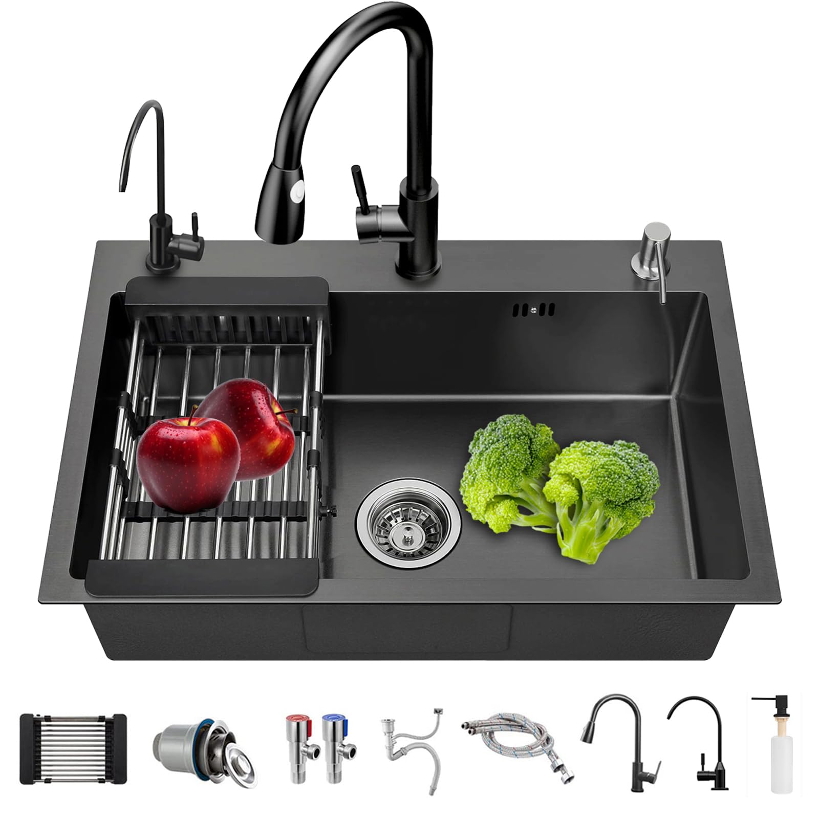 Fregadero de cocina de acero inoxidable 304 negro mate, 50 x 45 cm, fregadero empotrado con grifo, dispensador de jabón, grifo de agua potable (50 x 45 cm)