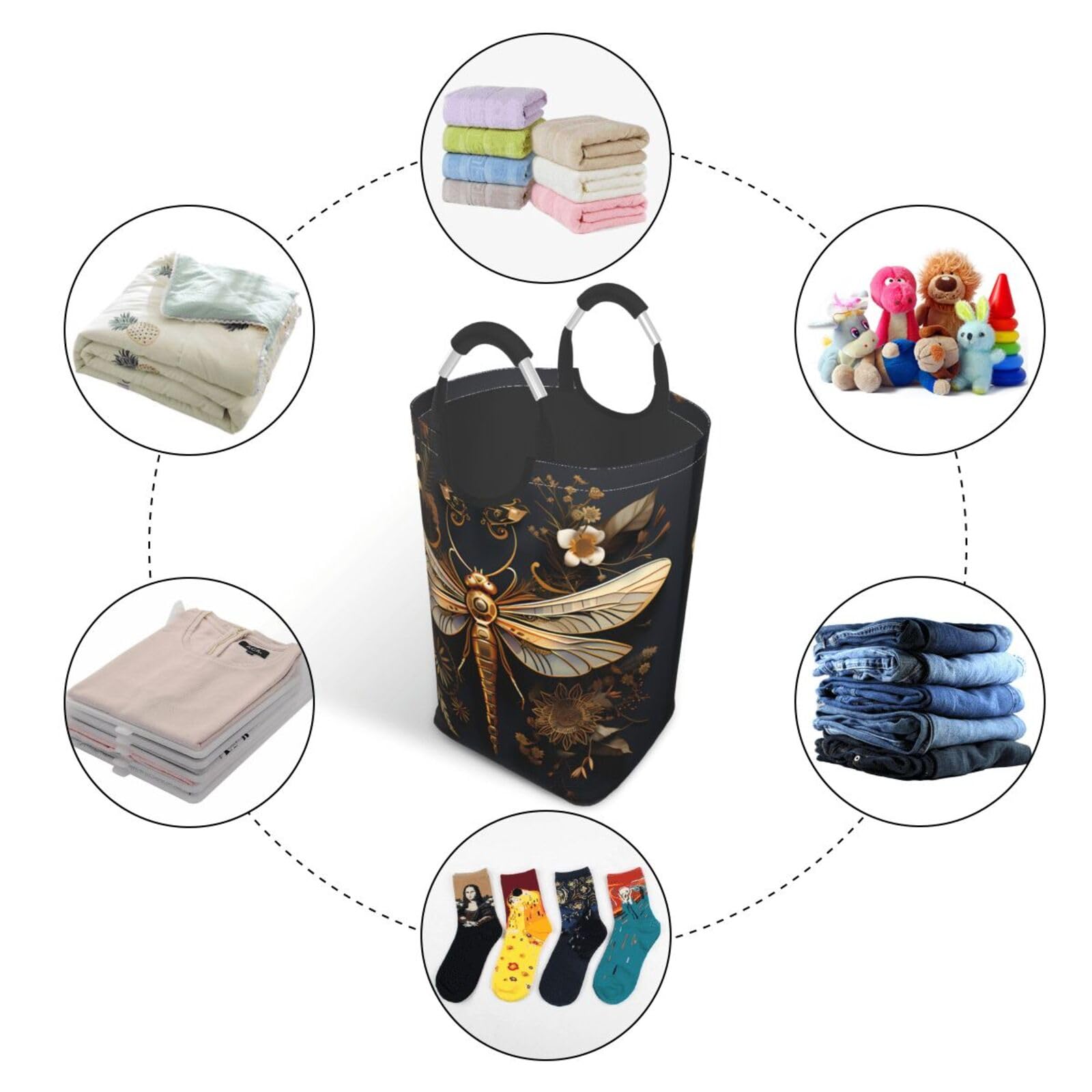 Exquisita bolsa de almacenamiento cuadrada de libélula dorada de 50 L, adecuada para múltiples escenas, cesta de almacenamiento plegable de ropa sucia.