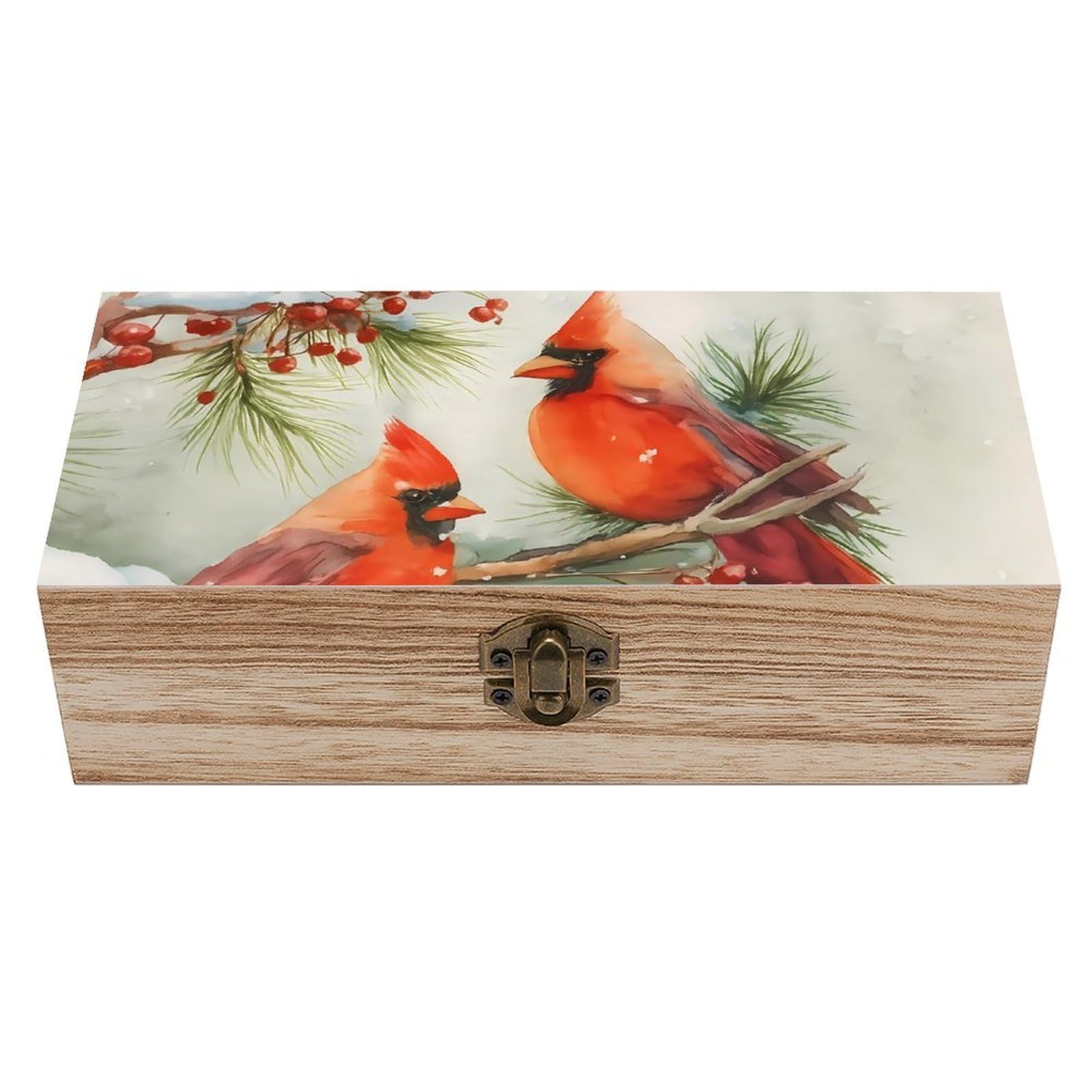 HLBSDM Winter Red Cardinal Bird on Branch Retro Wooden Storage Box Jewelry Art Gift Boxs Decorative Keepsake Boxes