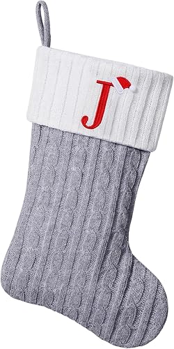 Miniatura 73 de Medias de Navidad con monograma de punto gris de 19.5 pulgadas. Calcetines de Navidad con inicial personalizadas, decoración de fiesta de Navidad