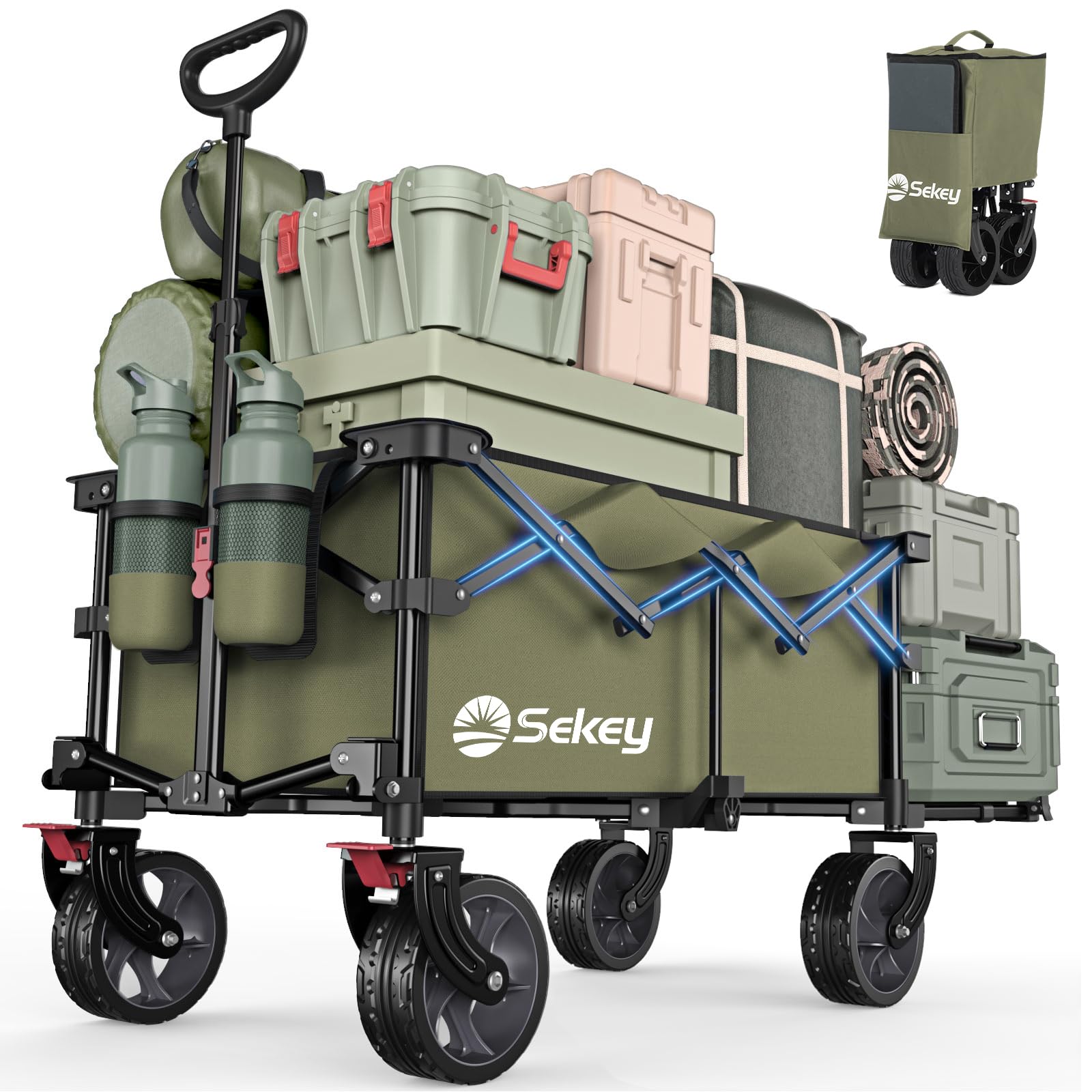 Sekey Chariot de Transport Pliable avec Hayon Arrière Extensible 135L & 200L, Chariot de Plage Pliable dans Quatre Directions jusqu'à 150KG SE4019, Vert Olive