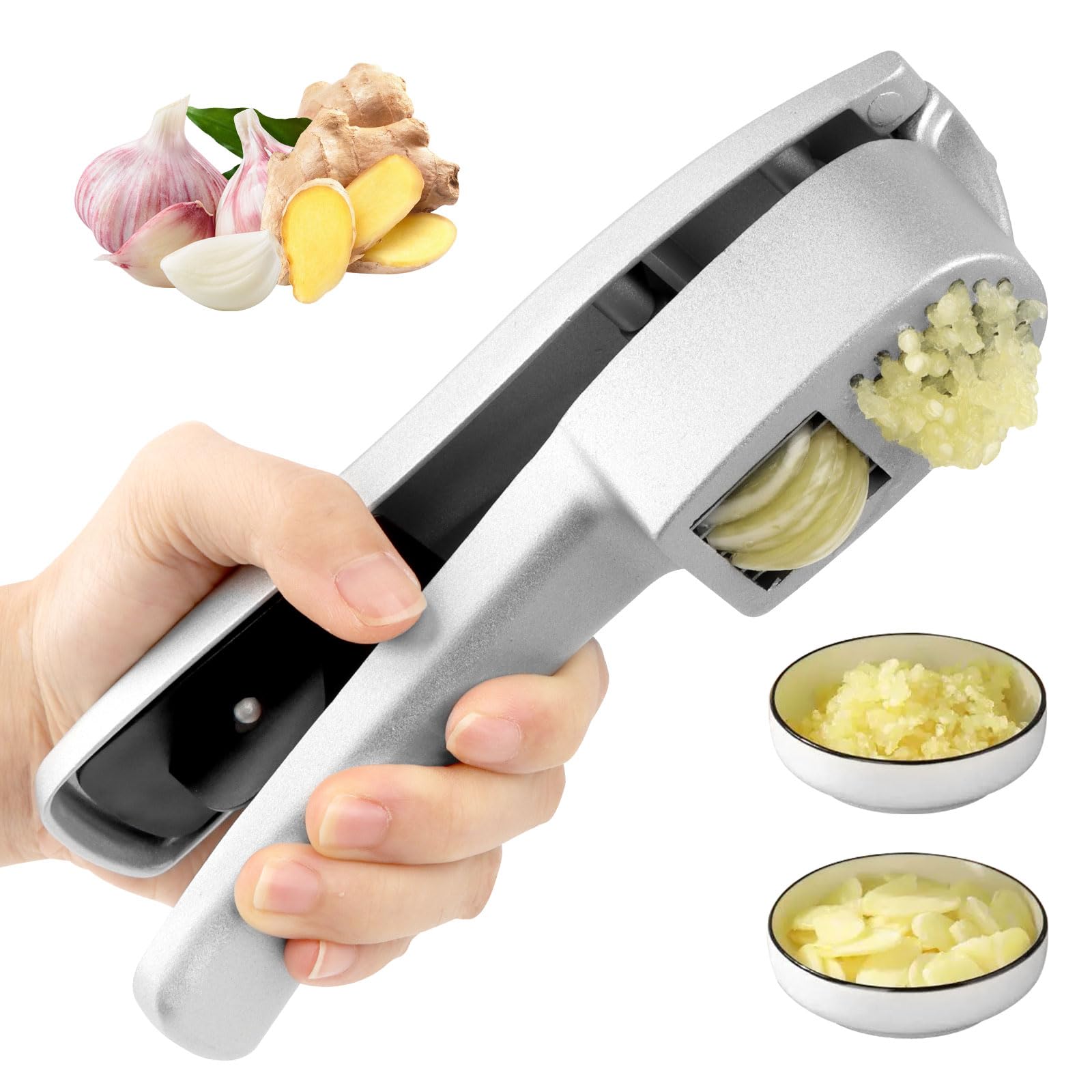 VFANDV Prensa de Ajo Profesional para Cocina, Prensa Ajos Acero Inoxidable, Picadora y Cortadora de Ajos 2 en 1, Superfácil de Usar y Limpiar, Prensa de Ajos Apta para Lavavajillas