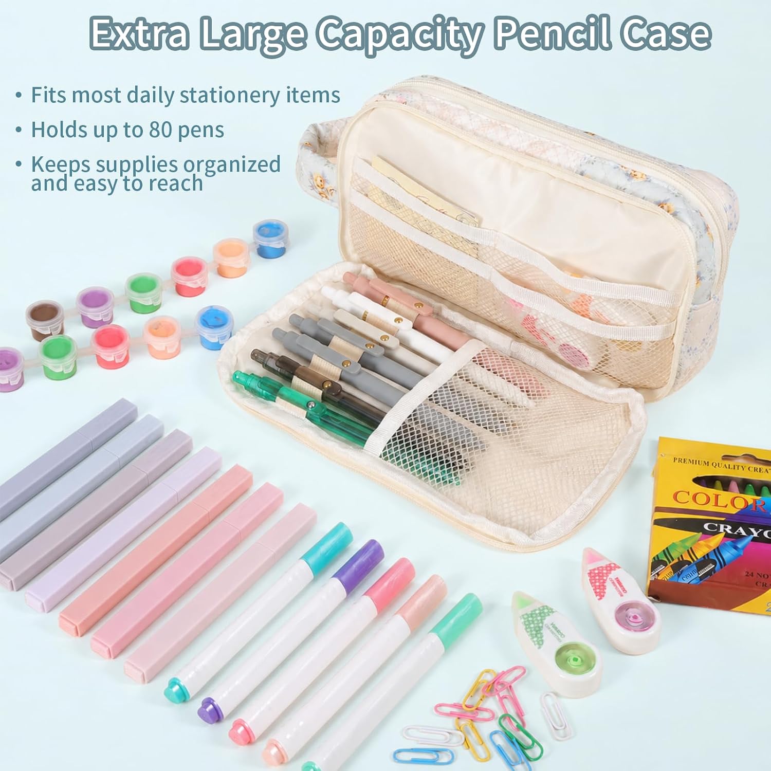 ZPARIK Quilted Pencil Case Pouch for Girls, Soft Puffy Floral Pen Case with Compartments & Handle, Aesthetic Cute Pen Bag Organizer for School Supplies, Machine Washable (Blue Bloom)
