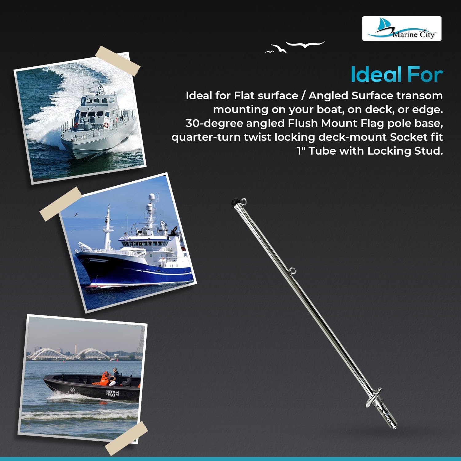 MARINE CITY 316 Stainless Steel Rail Mount Flag Staff Pole - Bright Polished Finish, Ideal for Boats, Yachts, Marines, RVs, Fishing Boats