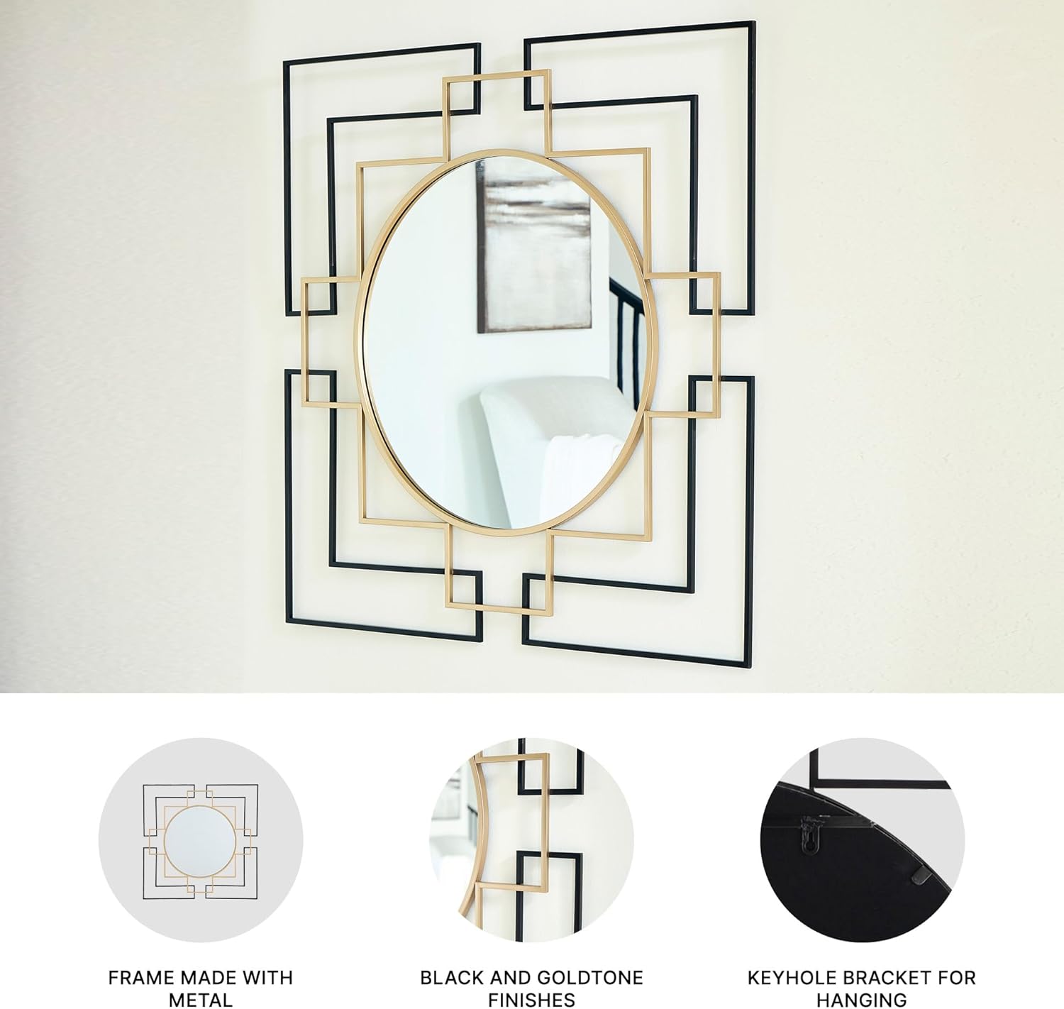 Signature Design by Ashley Oceanal Contemporary Accent Mirror, Geometric Design, Keyhole Bracket for Hanging, Metal Frame, 40" W x 1" D x 40" H, Black/Gold - Image 3