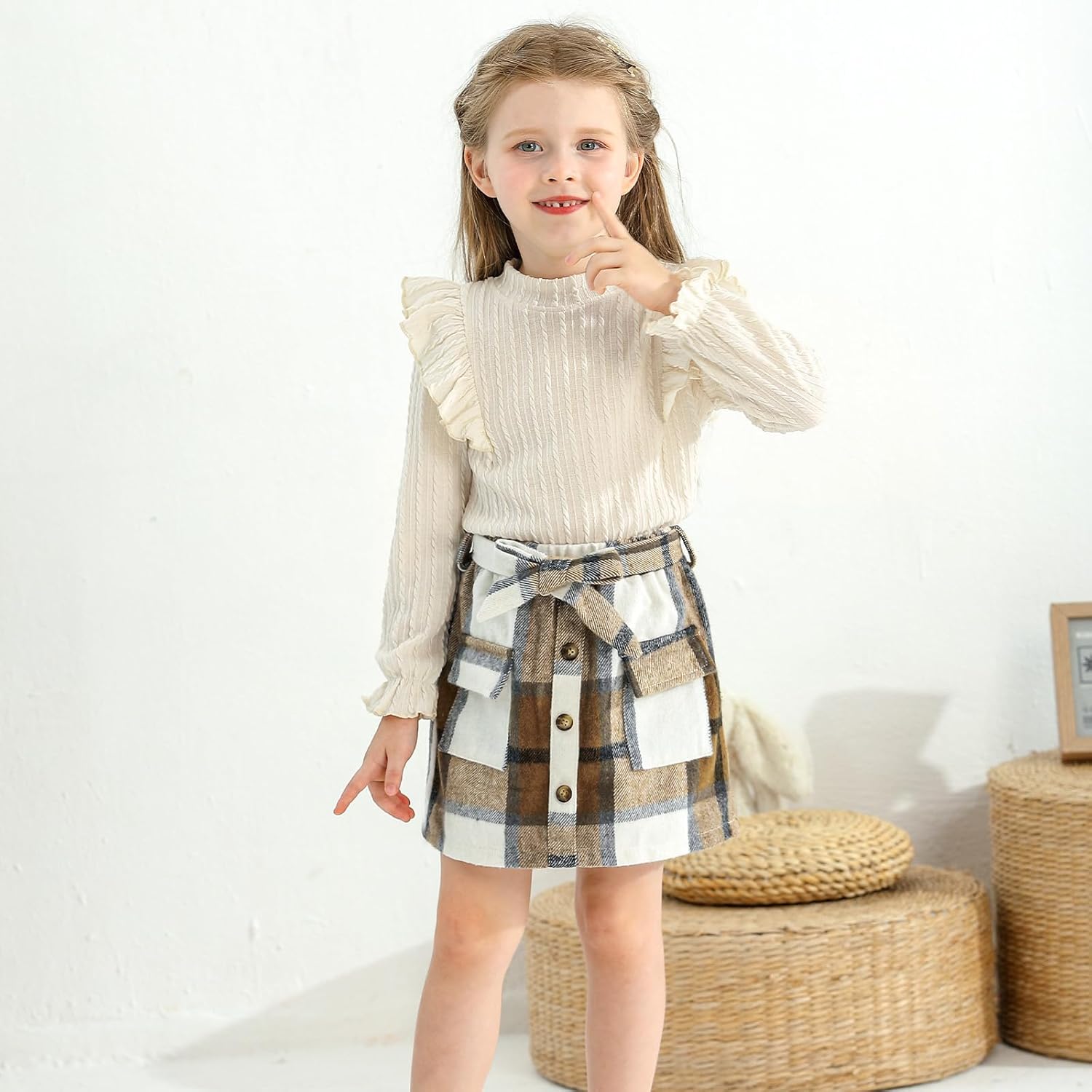 Weixinbuy Toddler Girl Fall Winter Clothes Solid Long Sleeve Ribbed T-Shirt Knit Tops Plaid Button Mini Skirts Set Outfits - Image 4