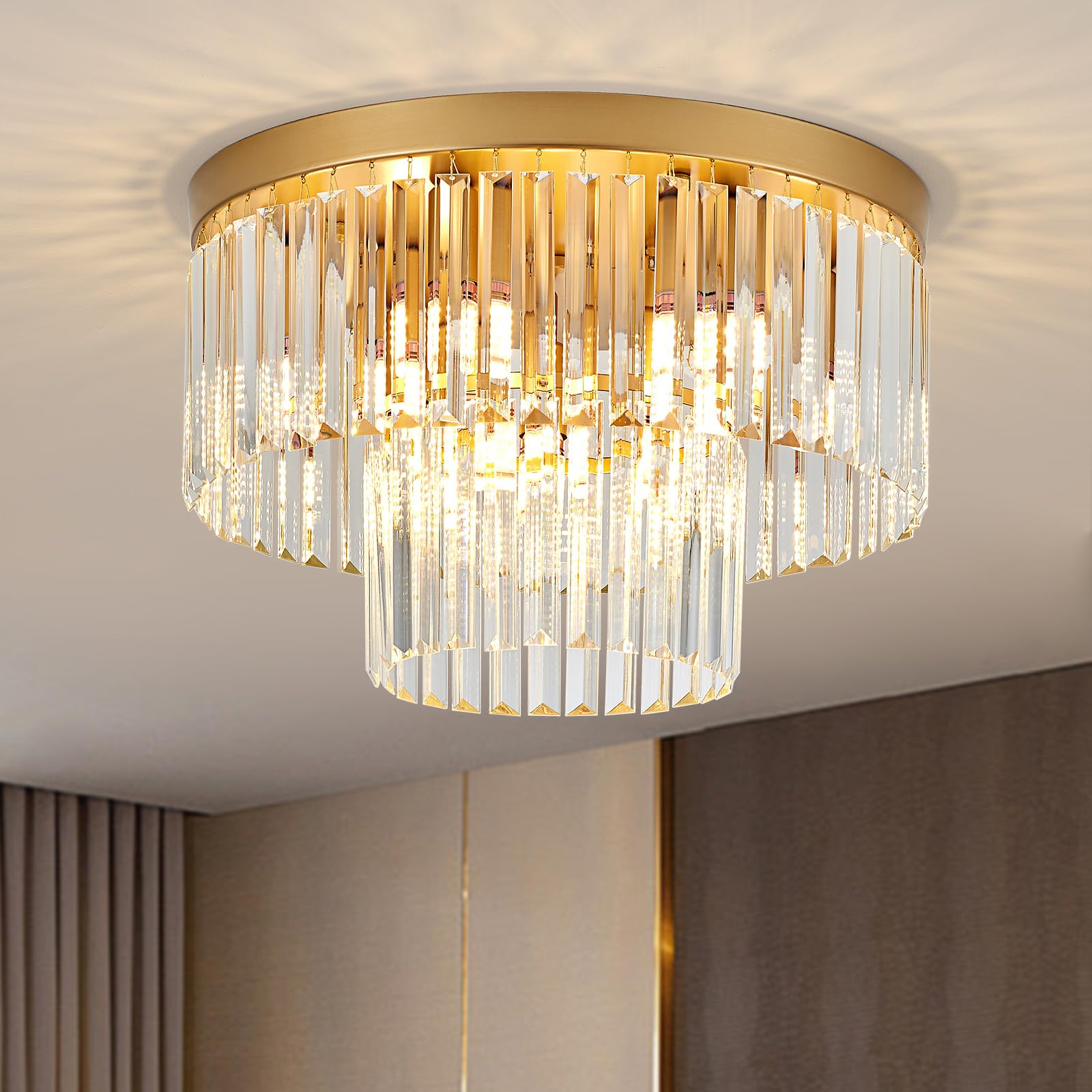 17" Gold Crystal Ceiling Light 9-Light Modern Crystal Ceiling Light Fixture 2-Tier Luxury K9 Crystal Ceiling Light,for Dining Room Kitchen Island Living Room Bedroom