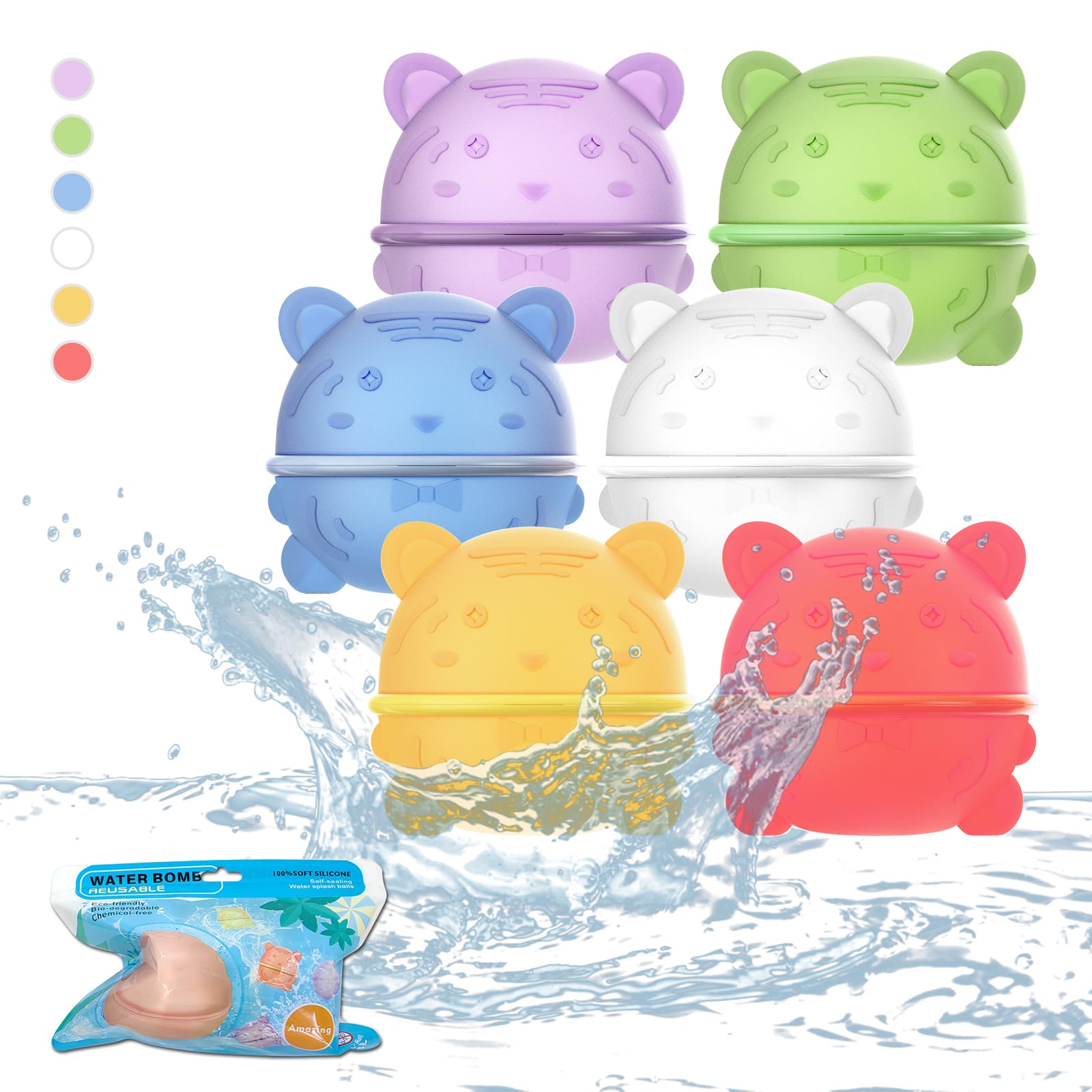 6Pcs Animal Tiger Water Balloons, Reusable Magnetic Self-Sealing Quick Refill, Summer Kids Adults Water Splash Toys Silicone, Skin Friendly, Pool Party, Bathtub Beach Creek