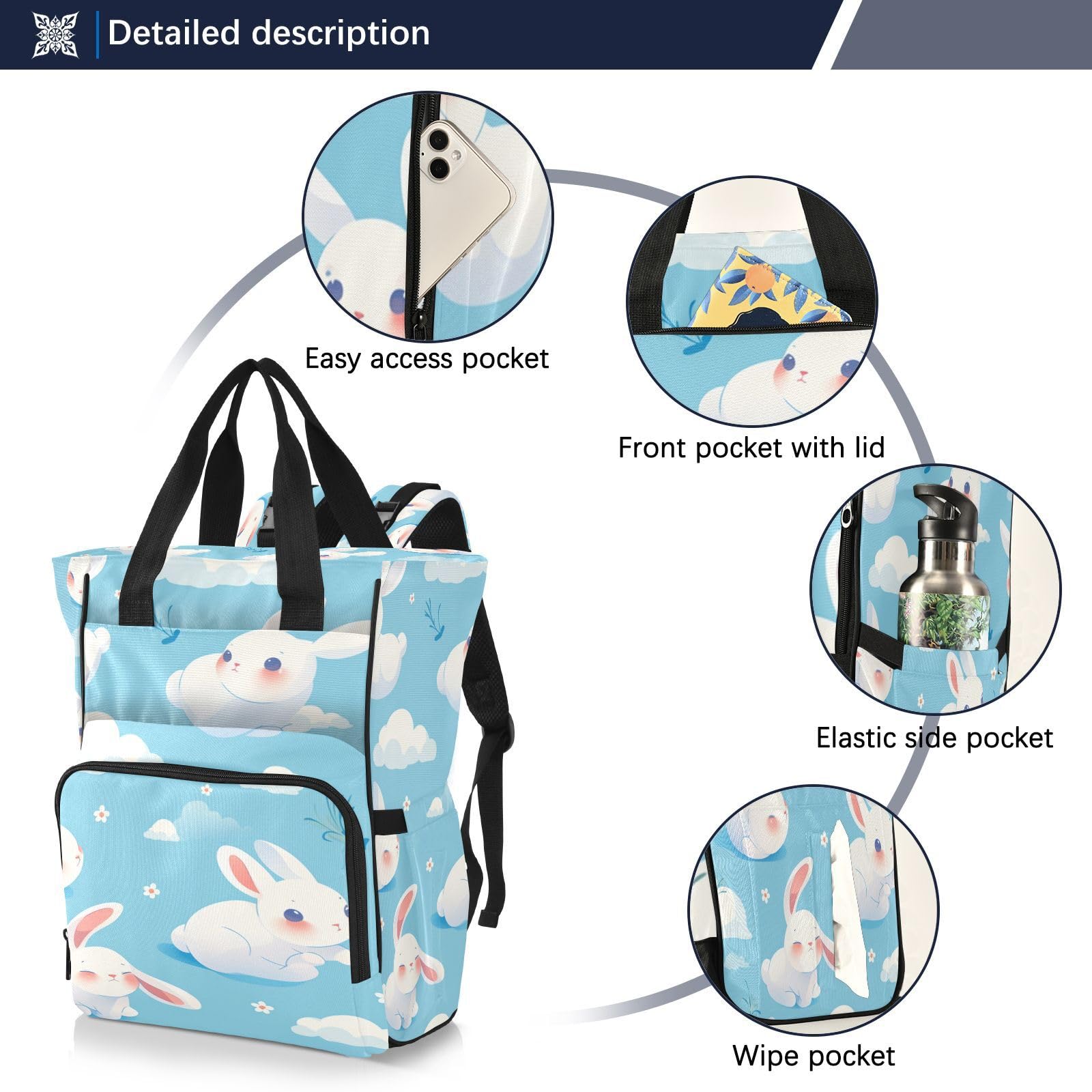 Lindo Conejo Blanco Bolsa de Pañales Mochila de Viaje Gran Capacidad Bolsas para Mamá Papá Mujeres Niñas