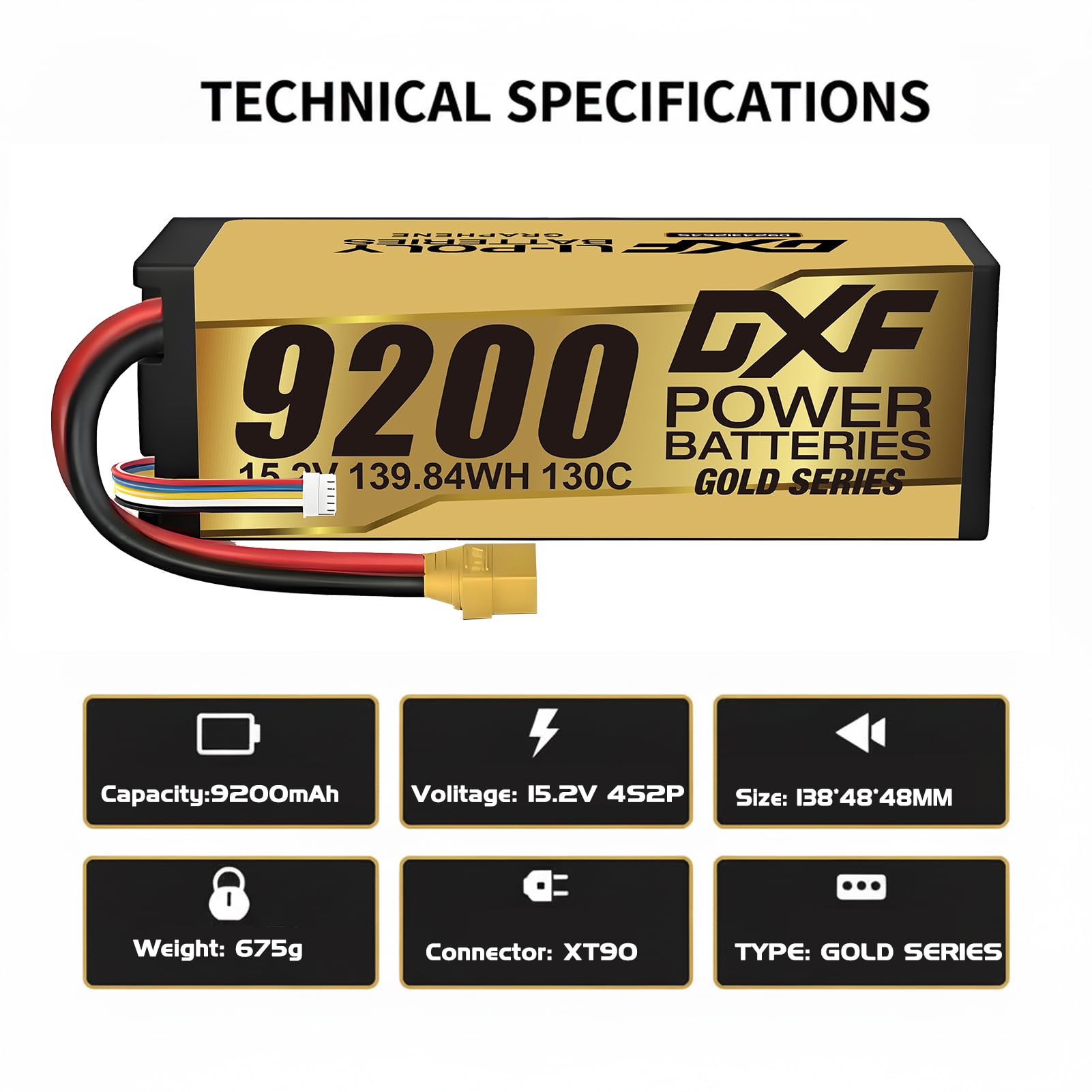 DXF 1 Confezione 4S Golden Series 15.2V 130C 9200mAh HV RC Li-Polymer Batteria rigida con connettore XT90 per RC Car RC Truck Tank Racing Models