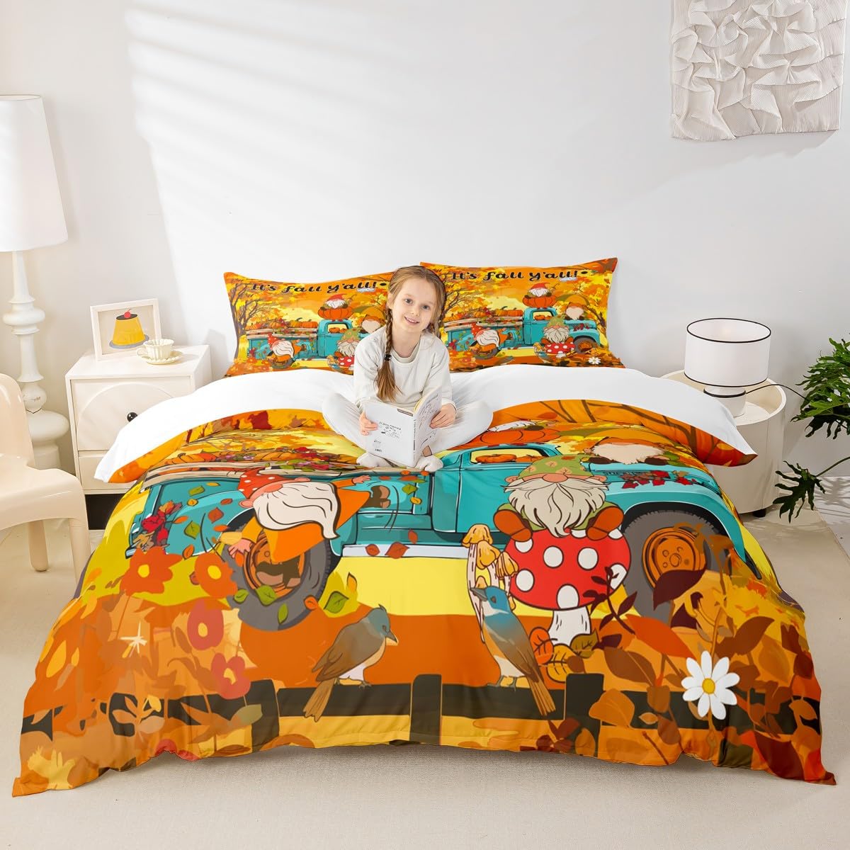 Autumn Pumpkin Kids Duvet Cover Set King Size,Cute Gnomes Truck Harvest Bedding Set,Girls Boys Adults Room/Cabin Decor,Fall Maple Leaves Comforter