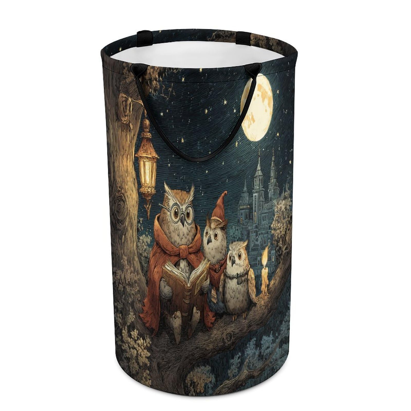 LUYYSKY Vintage Watercolor Cute Owl Versatile Storage Laundry Basket, Retro Classic Full Moon Starry Sky Galaxy Castle Animal Owls Large Bathroom Laundry Hamper With Handle-40 CM Dia, 69 CM High