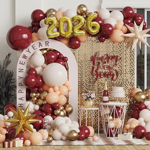 Kit de guirnalda de arco de globos de feliz año nuevo, globos de látex blanco arena y oro burdeos con globos de aluminio 2026 para Año Nuevo,