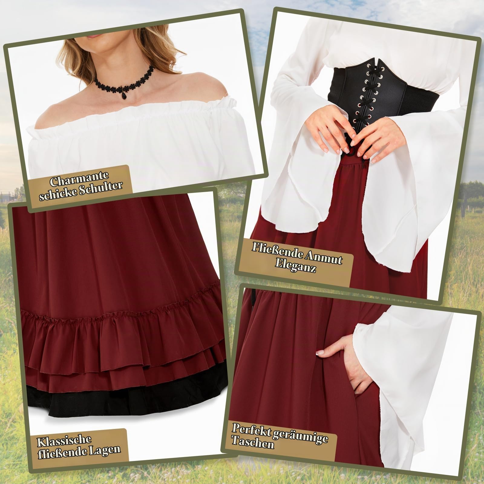 JONRRYIN Mittelalter Kostüm für Damen, Renaissance Viktorianisches Kleid, Mittelalter Kleidung Accessoires mit Ausgestellten Ärmeln und Hoher Taille, Gothic Retro Kleid Karneval Halloween (Rot, S)