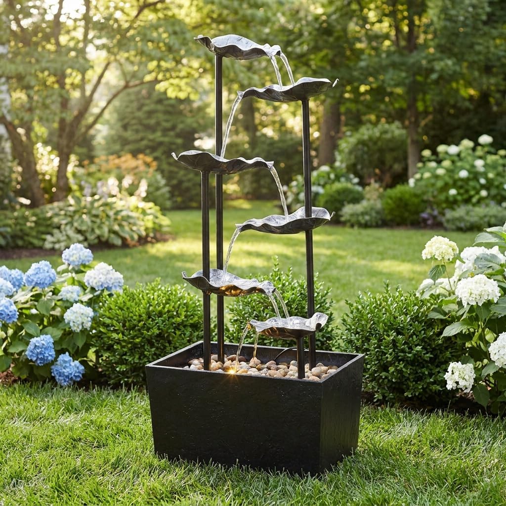 30.3" H Outdoor Fountain, Freestanding 6-Tier Leaf Waterfall | Elegant Metal Leaf Water Feature with Split Flow Design, Perfect for Patio, Porch, Backyard, Garden and Indoor Home Decor