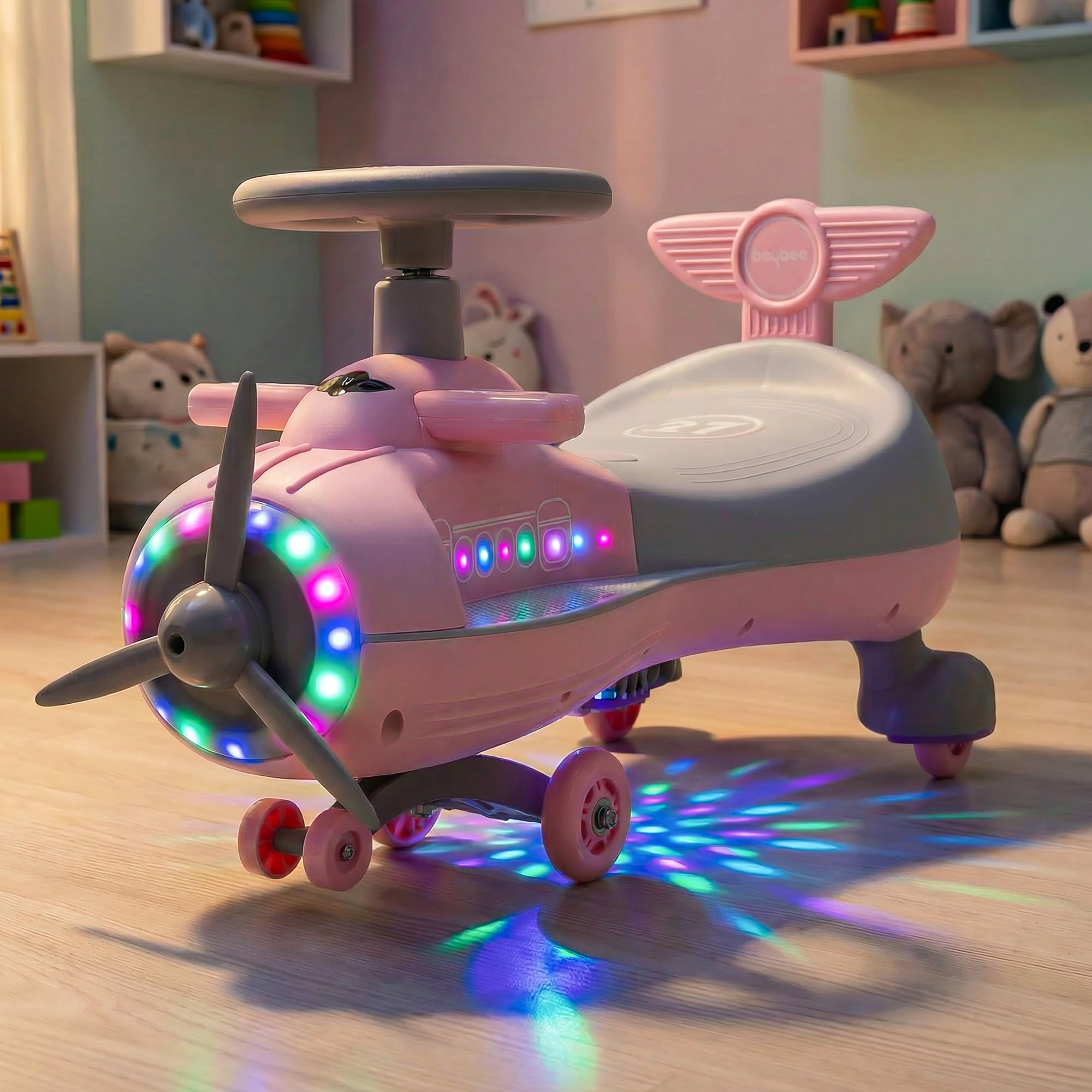 Baybee Cruzo Baby Swing Cars for Kids | Twister Push Ride on Baby Cars with RGB Lights & Music | 360° Rotation Smooth Wheels Indoor & Outdoor Push Magic Car for Kids 2+ Years Boys Girls (Pink)-image-22