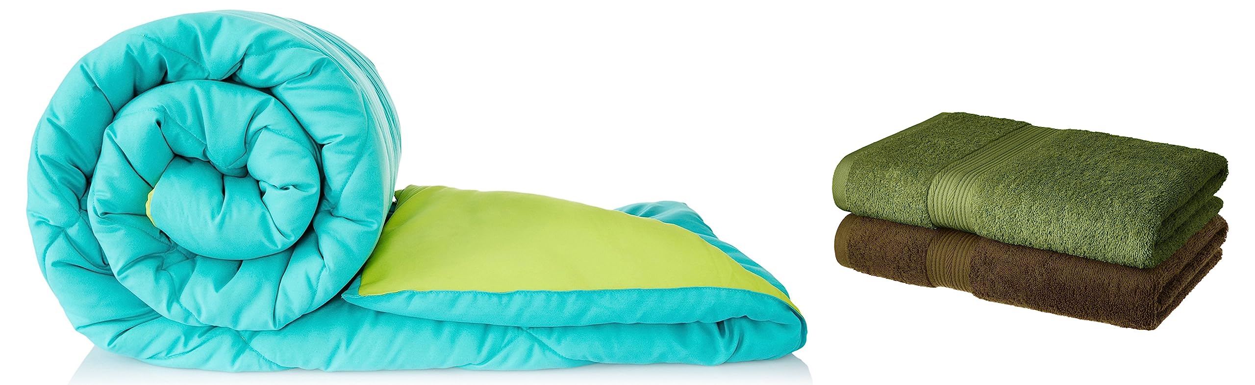 Amazon Brand - Solimo Microfiber Reversible Comforter, Single (Aqua Blue & Olive Green, 200 GSM) 100% Cotton 2 Piece Bath Towel Set, 500 GSM (Sepia Brown and Olive Green) (B0C99SQ4F4) Amazon Price History, Amazon Price Tracker