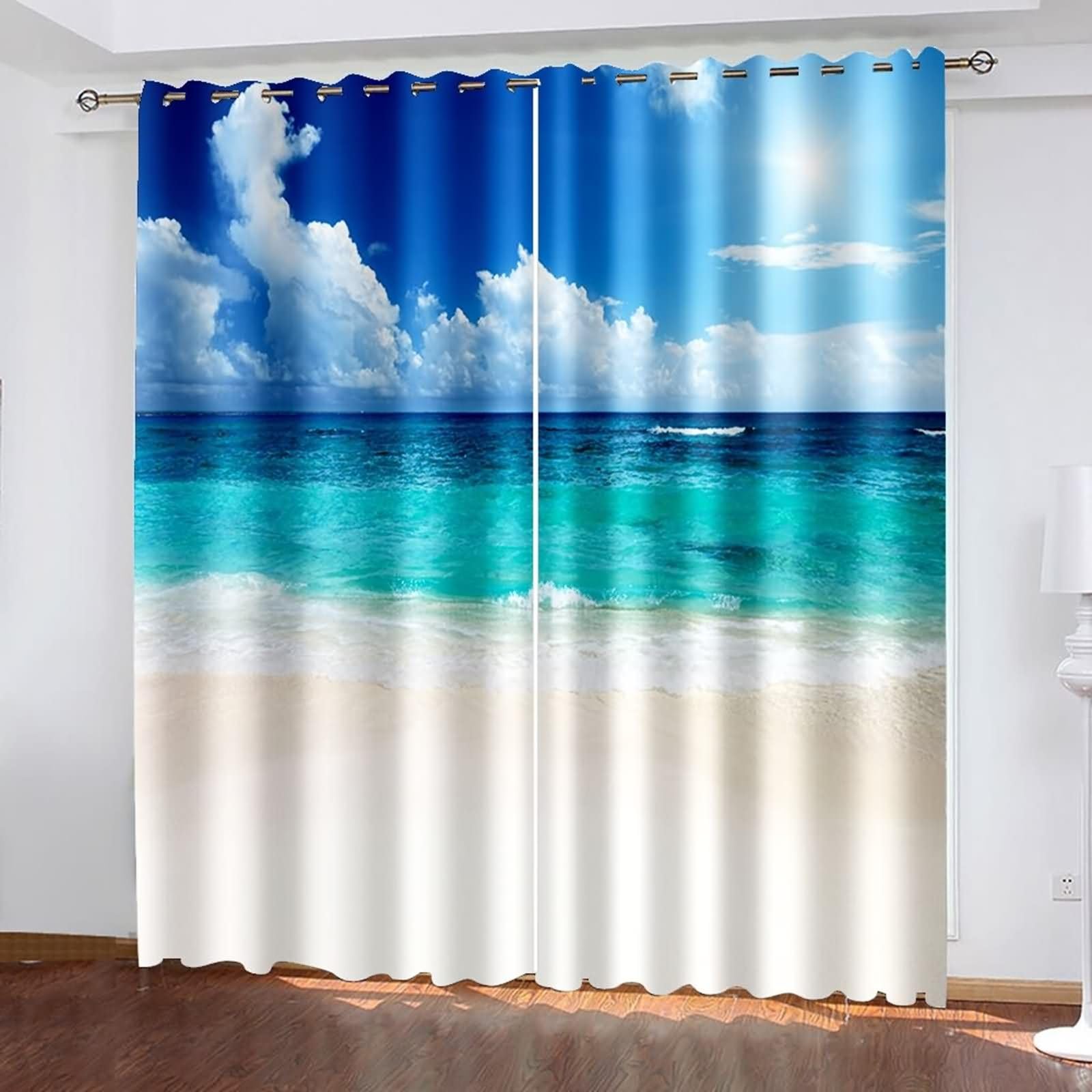 Vorhänge Wärmeisolierend 2 Panels,2 x 152W x 244H cm,Gardinen Ösen Modern Strandlandschaft Vorhänge für Küchen Modern Blau Weiß Khaki
