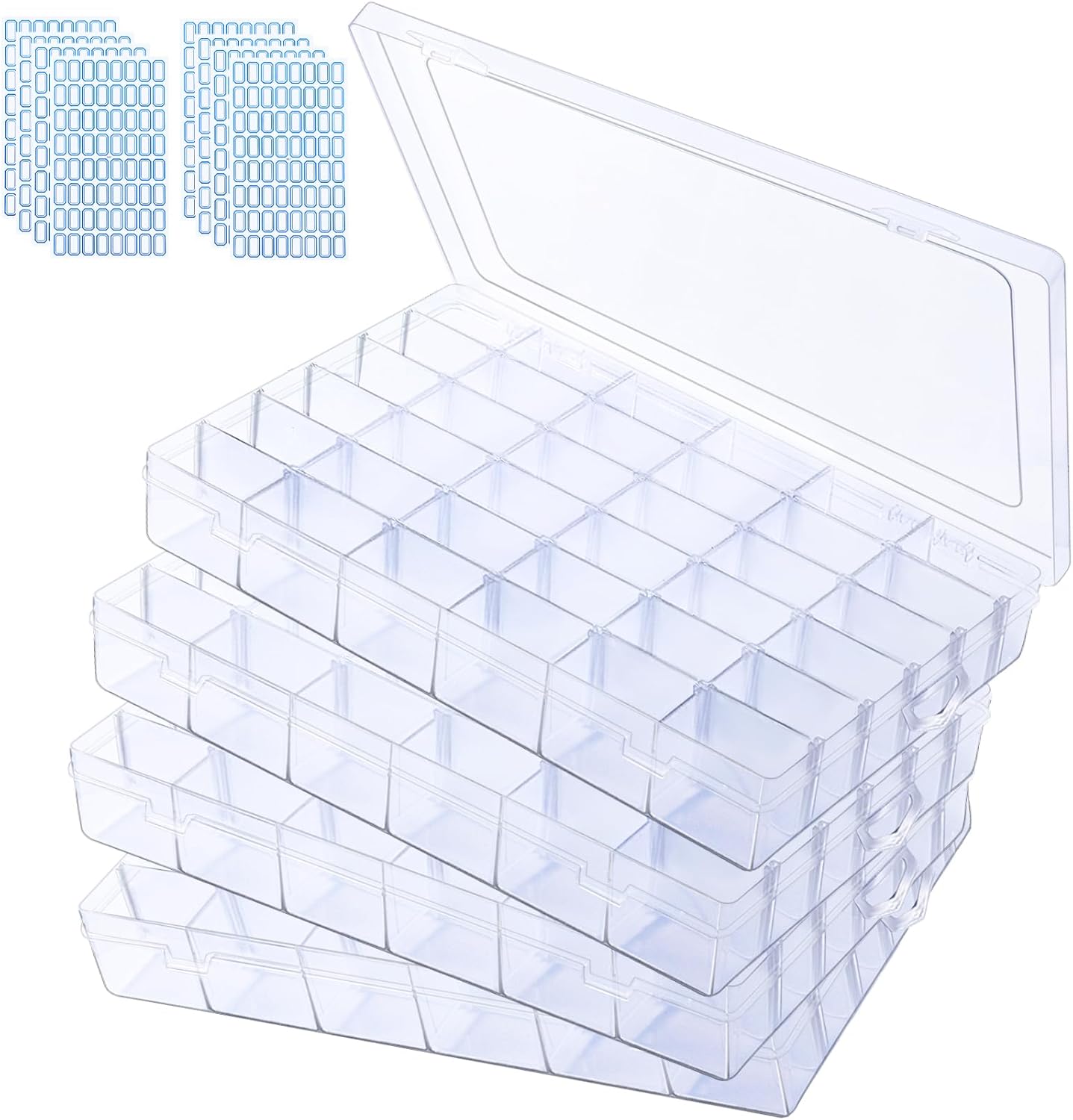 4 Pack Plastic Organizer Box, 36 Grids Bead Storage Containers with Adjustable Divider, Organizer Box for Bead Art DIY Craft Jewelry Fishing with 512 Label Stickers