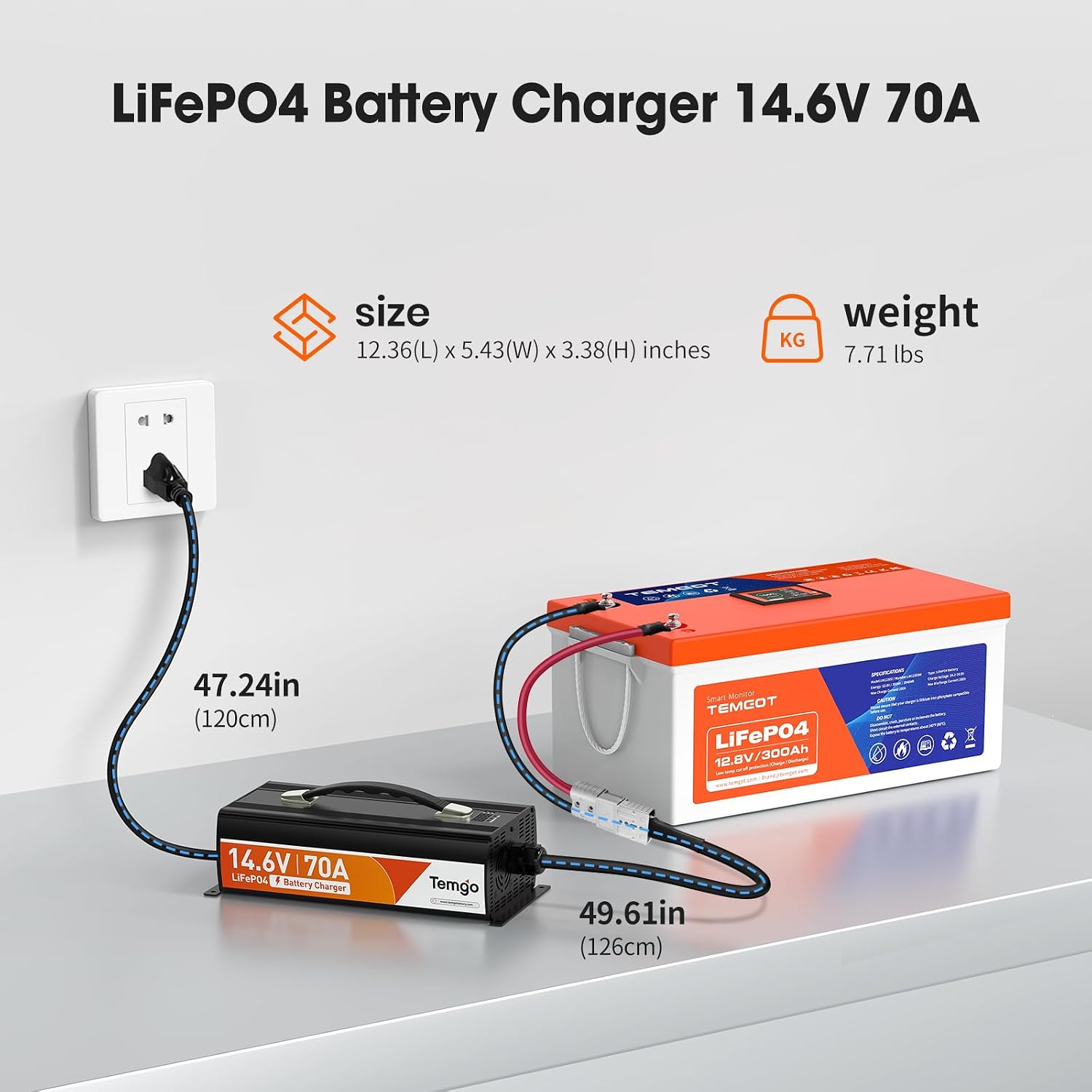 14.6V 70A LiFePO4 Battery Charger, Fast Charging Lithium Battery Charger with Smart Activation, LED Indicator, Wire Lugs & Full Protection