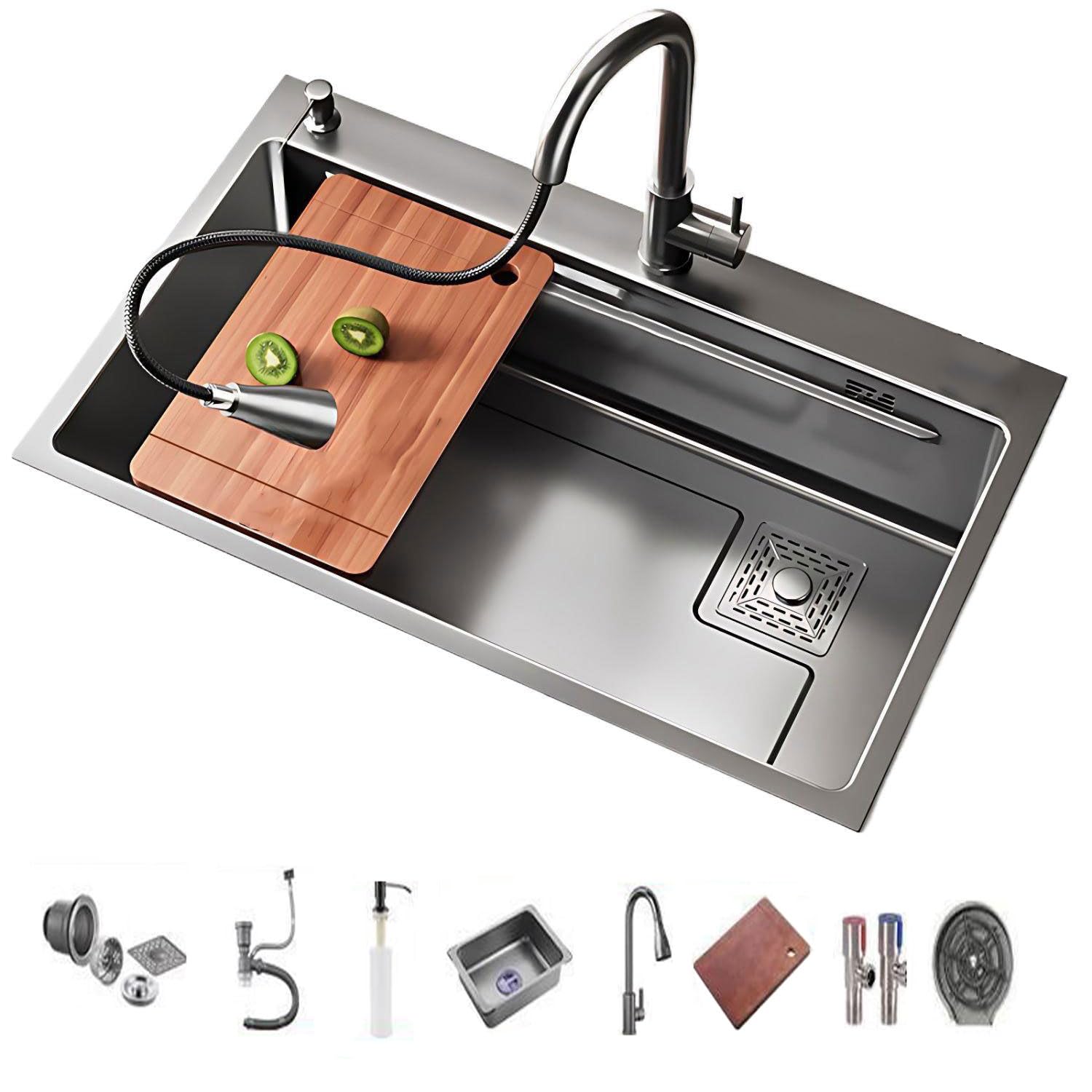 ZYCHSJXA 16 Gauge Stainless Steel Kitchen Sink Workstation Topmount Single Bowl Handmade with Integrated Cutting Board & Faucet for Efficient Meal Prep