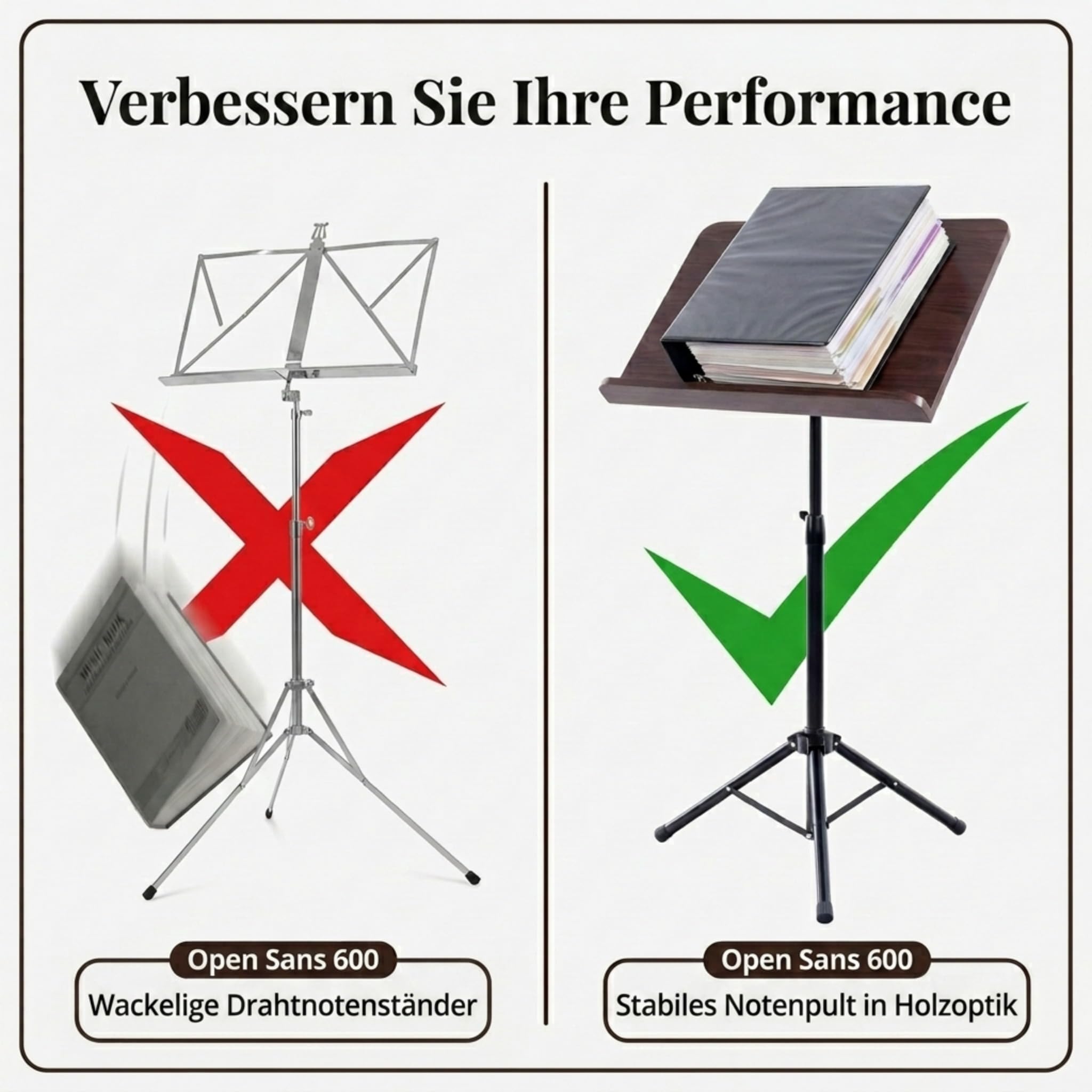 Classic Cantabile Orchesterpult Rosenholz - Robustes Stativ mit großer Notenablage - Edle Optik in Rosenholz laminiert - Höhenverstellbar von 65 bis 110 cm - Prismenverbindung
