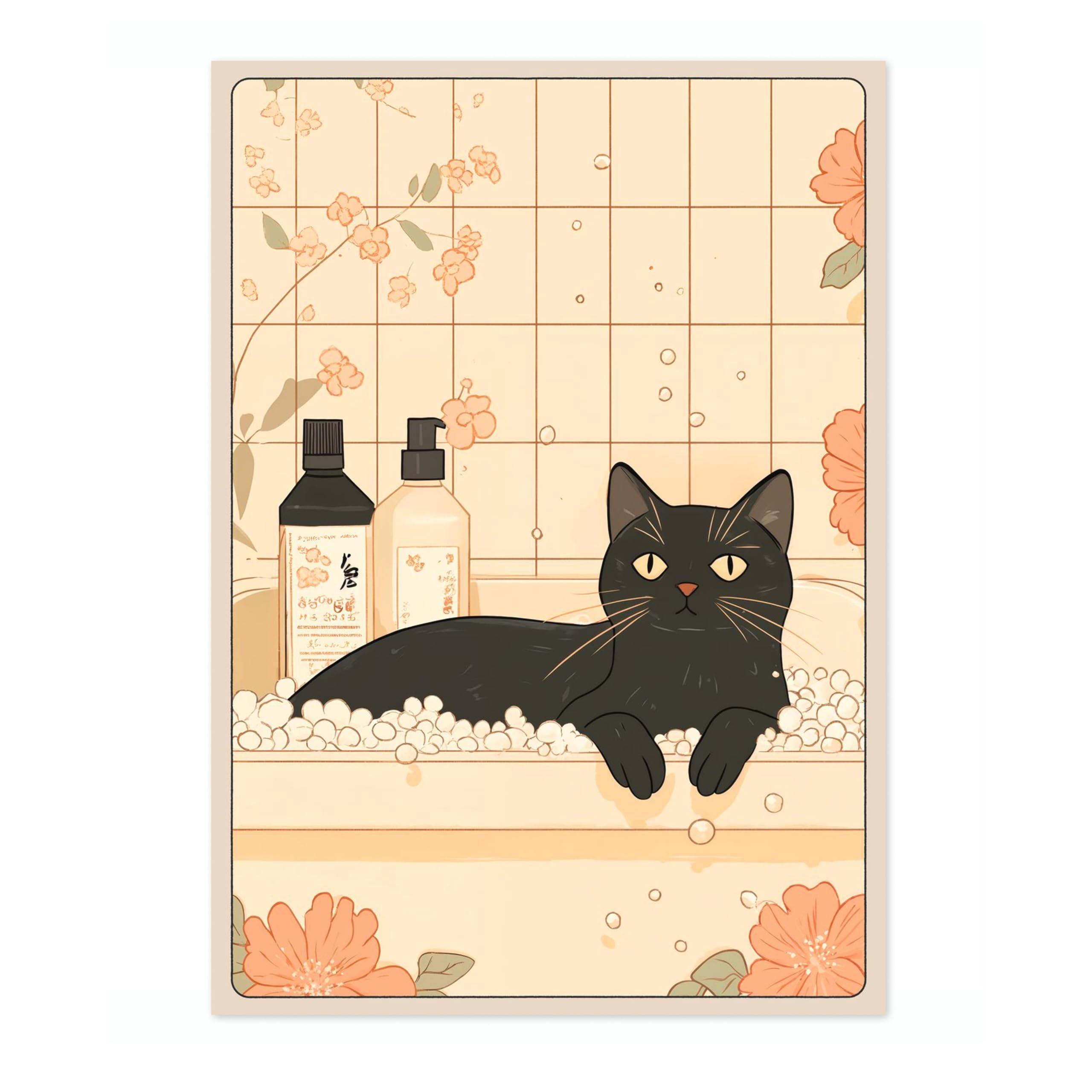 Black Cat In Bath Anime Animal Poster, Funny Bathroom Wall Art Print, Manga, Bathroom Wall Art, Toilet Decor, A2 (Print Only) - 59.4x42cm — image 1