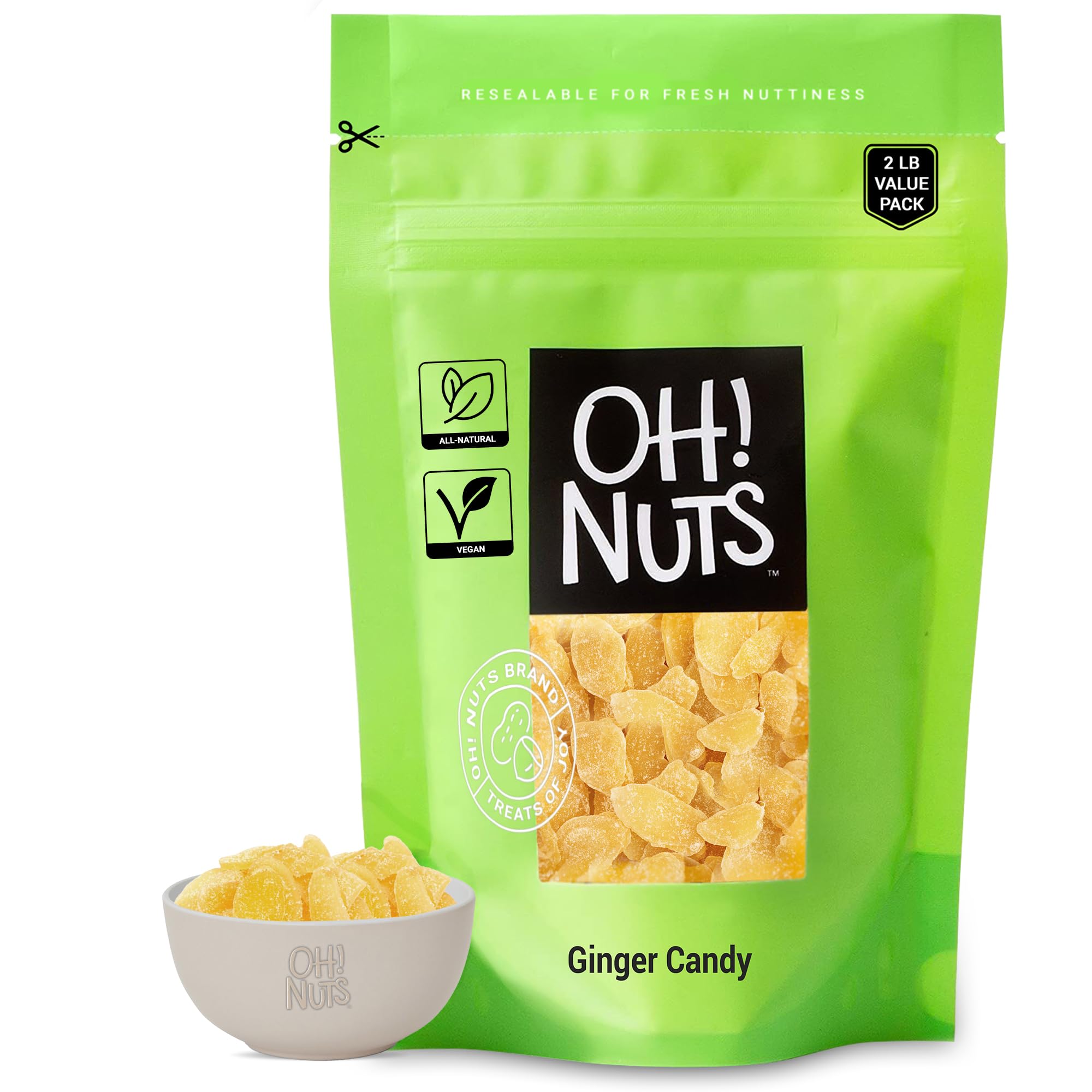 Oh! Nuts Ginger Candy - 2 lb - Dried Fruit Slices - with Crystallized Sugar Candied Coating - Dehydrated Fruit Bites - Packed in New York Zip-Seal Bag for Exceptional Freshness
