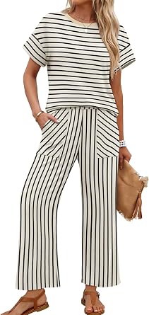 Sampeel Two Piece Sets for Women Cruise Travel Vacation Summer Outfits Lounge Matching Sets Women Clothing Wide Leg Pants Set