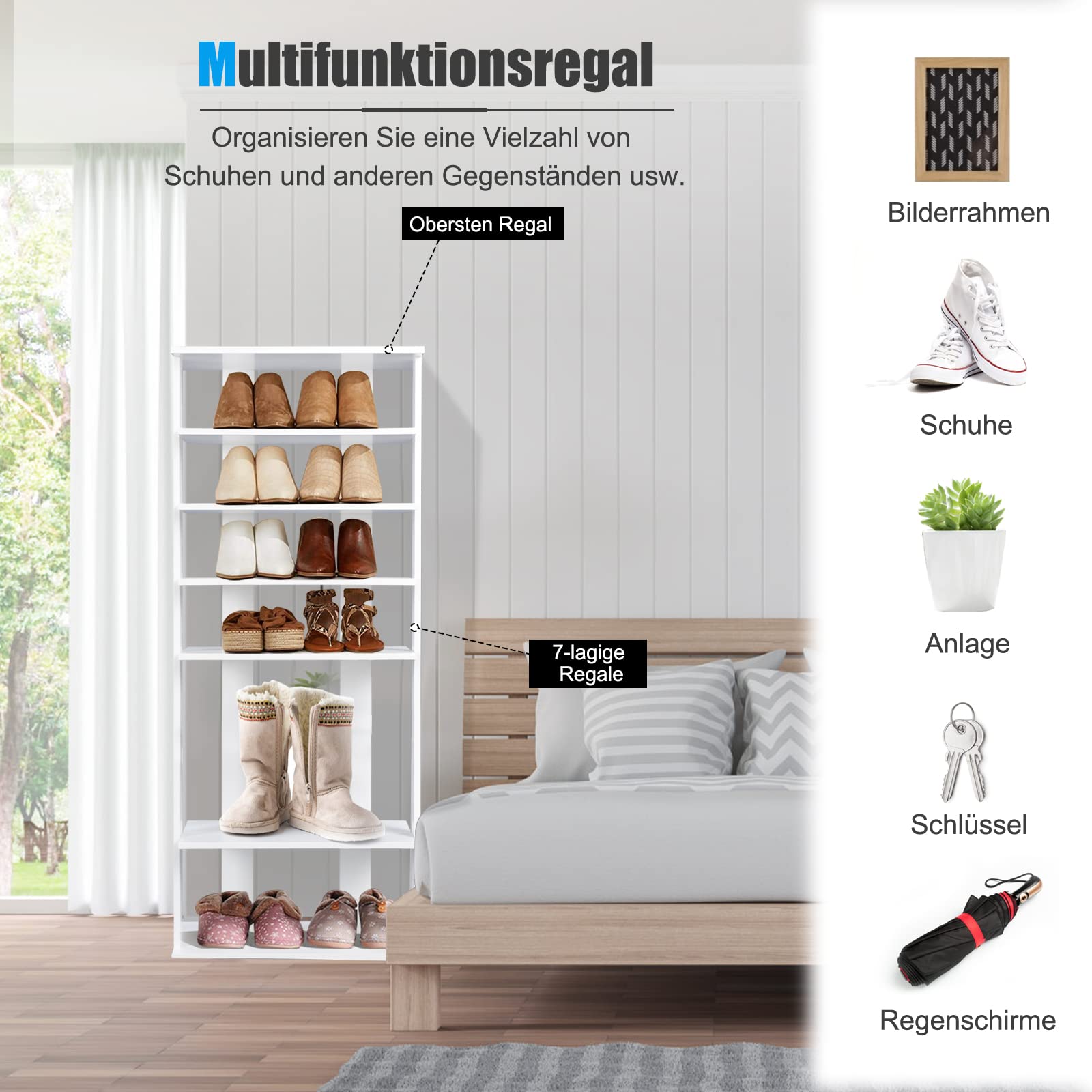 COSTWAY 8 stufiger Schuhständer höhenverstellbar, Platzsparendes Schuhregal aus Holz, Schuh-Organizer vertikal, Freistehender Eckregal für Eingang, Flur (Weiß, Doppel)