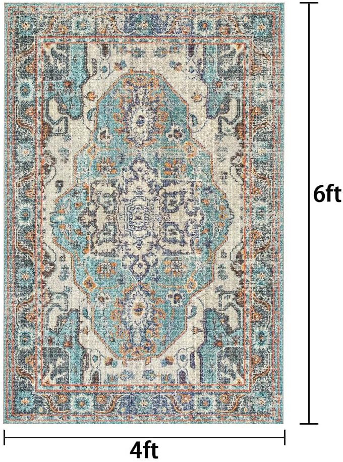 Washable Living Room Rug 4 x 6 Throw Non-Slip Area Rug for Bedroom Lightweight Thin Rugs for Entryway Kitchen Vintage Distressed Print Aesthetic Capet for Office Bathroom Laundry Room
