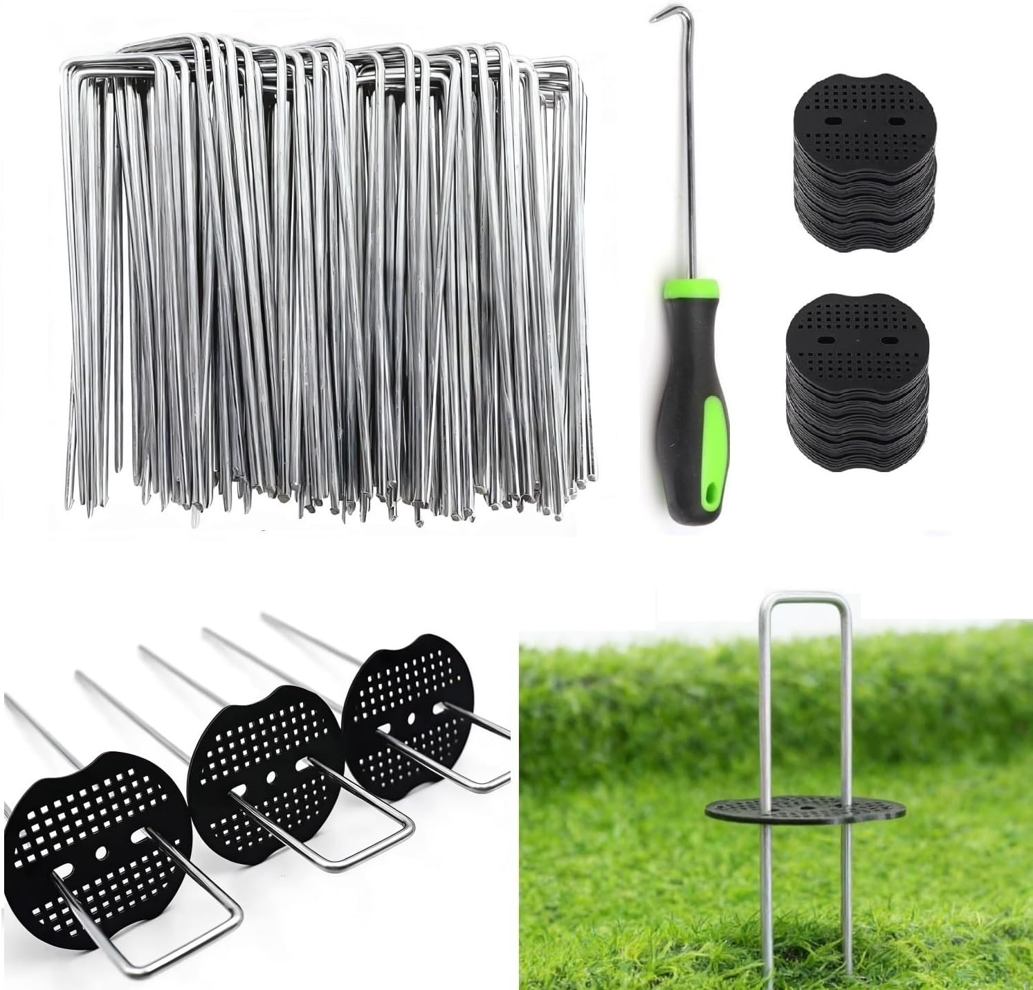 6 Inch 100 PCS Galvanized Landscape Staples with 100 PCS Gasket, Landscape Fabric Pins Stakes Lawn Ground Cover Graden Staples Spikes Weed Barrier Stakes