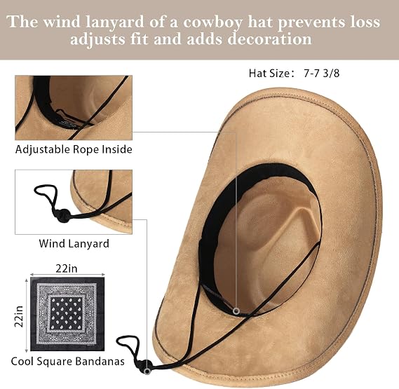 Wildarms Cowboy Hat with Bandana - Adjustable Wide Brim Western Hat for Men & Women,Rodeo Christmas Cowgirl Hats Gifts