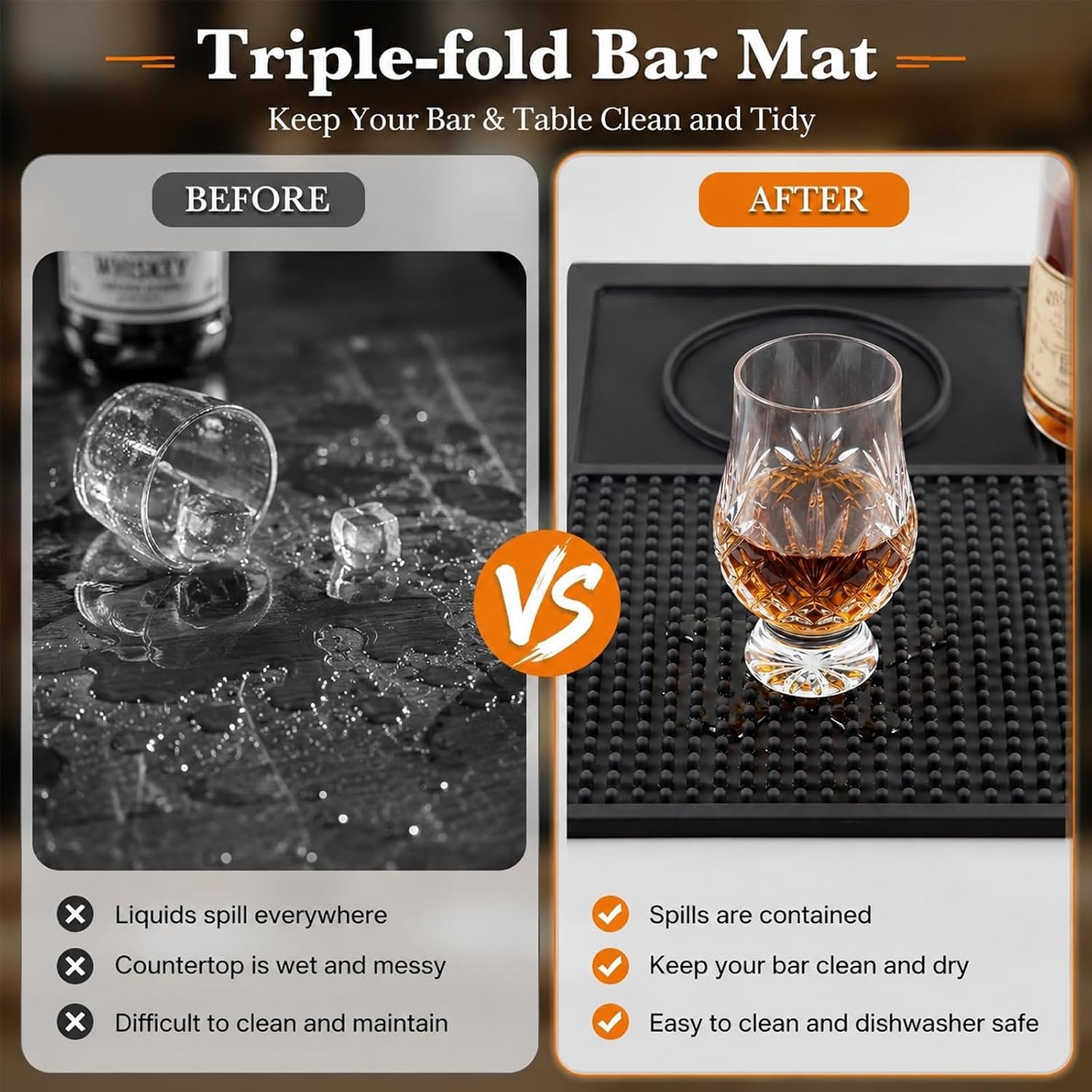 Bar Mat, Multifunctional Folding Cocktail Mat with Cutting Board, 22" X 12" Bar Mat for Countertop,Bartending Drying Mats,Bar Decorations for Home, Outdoor Bar Accessories RV (Black)