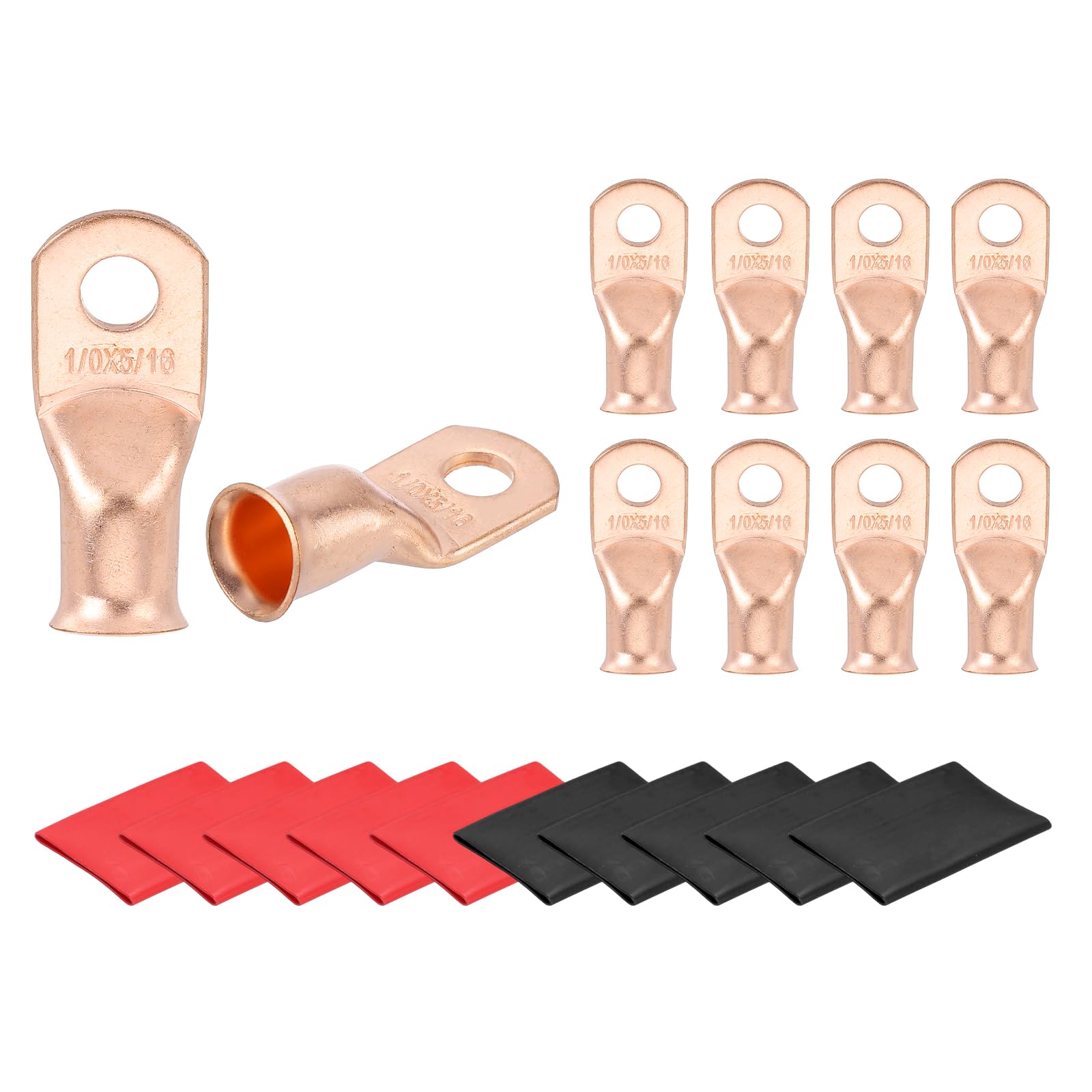 sourcing map 10 Pcs Battery Cable Ends 1/0 AWG 5/16 Inch Tubular Ring Terminals Closed End Crimp Connectors Bare Copper Eyelet with Heat Shrink Tubing, Gold