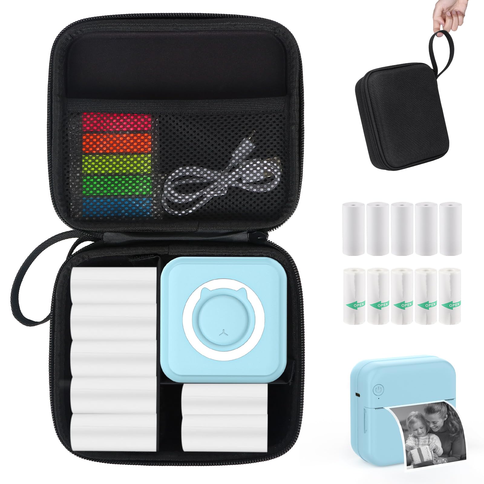 HUIJUTCHEN Mini Pocket Printer with Case, Mini Thermal Printer with 10 Rolls Thermal Paper, Mini Portable Photo Printer for Travelling, Journal, Memo, Photo, Study Notes (Blue)