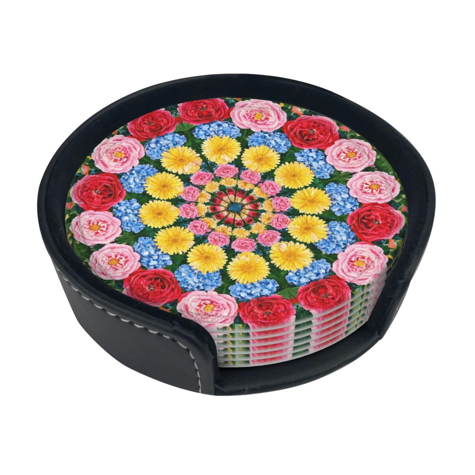 Flower Kaleidoscope Leather Coasters-Set of 6 with Storage Holder
