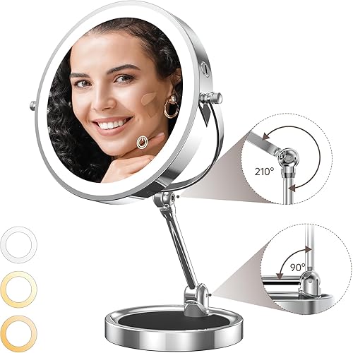 Espejo de maquillaje grande iluminado, espejo de aumento regulable de 3 colores de doble cara 1X10X con luz, altura ajustable de 8 pulgadas, espejos