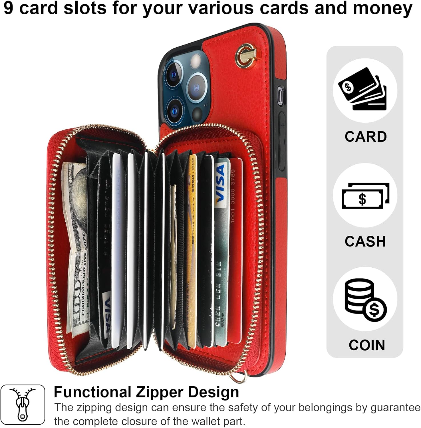 Bocasal Crossbody Wallet Case for iPhone 13 Pro Max, RFID Blocking Leather Purse Case with Card Holder, Protective Handbag Flip Cover with Zipper Wrist Strap Lanyard for Women 5G 6.7 Inch (Red)