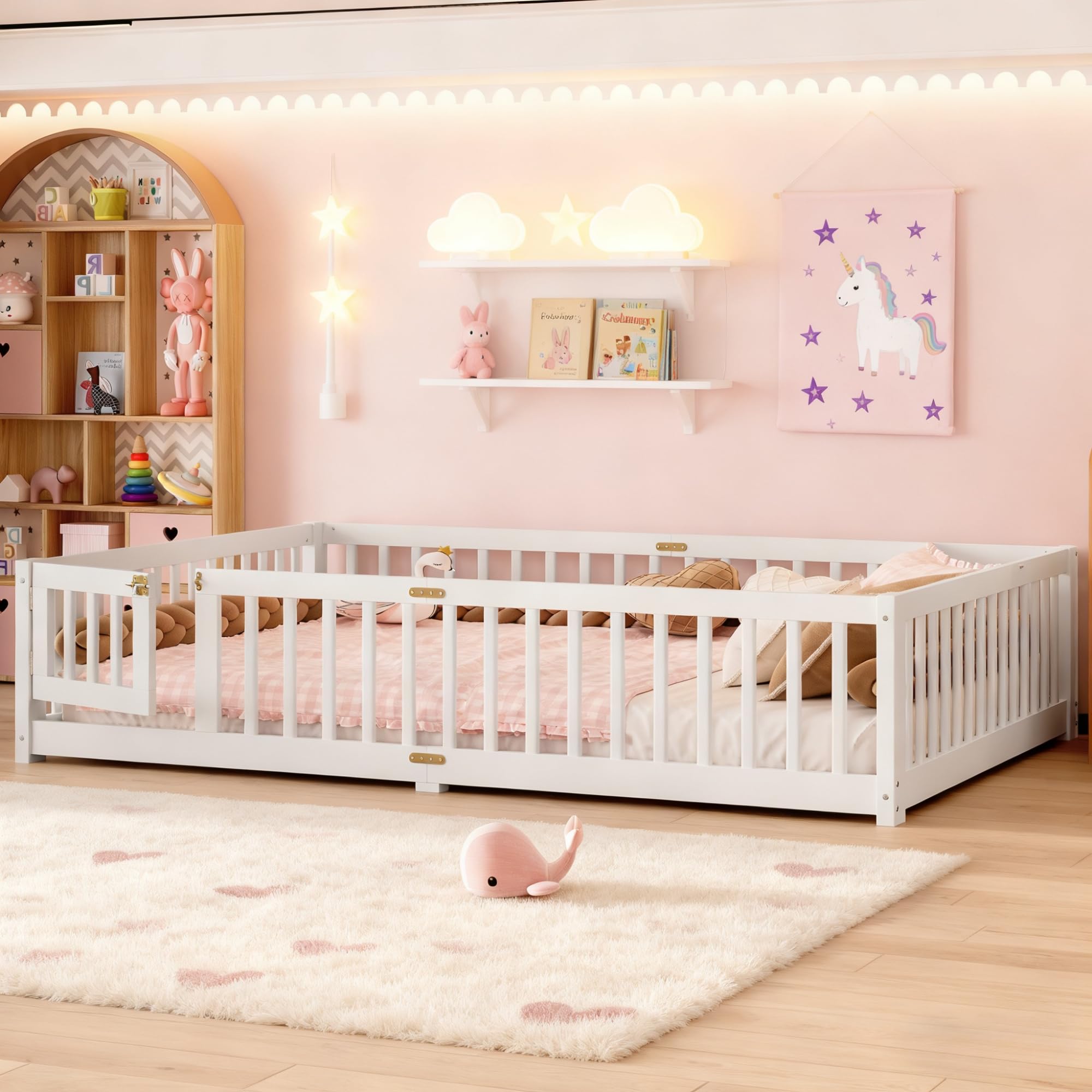 Queen Size Floor Bed with Door and Support Slats, Wood Kids Floor Bed with Full-length Guardrails, Montessori Floor Bed Frame for Kids, Boys, Girls,