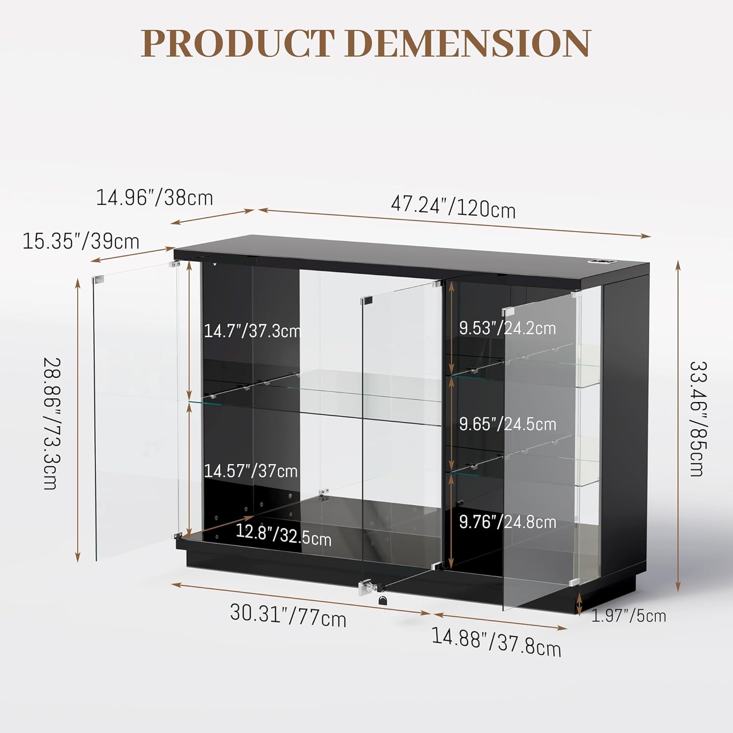 Gurexl 47.2" W Glass Display Cabinet with 3-Color LED Lights, 5-Tier Lockable Curio Cabinet with Human Body Sensor & Charging Station, Display Case for Collectibles, Living Room, Kitchen, Black