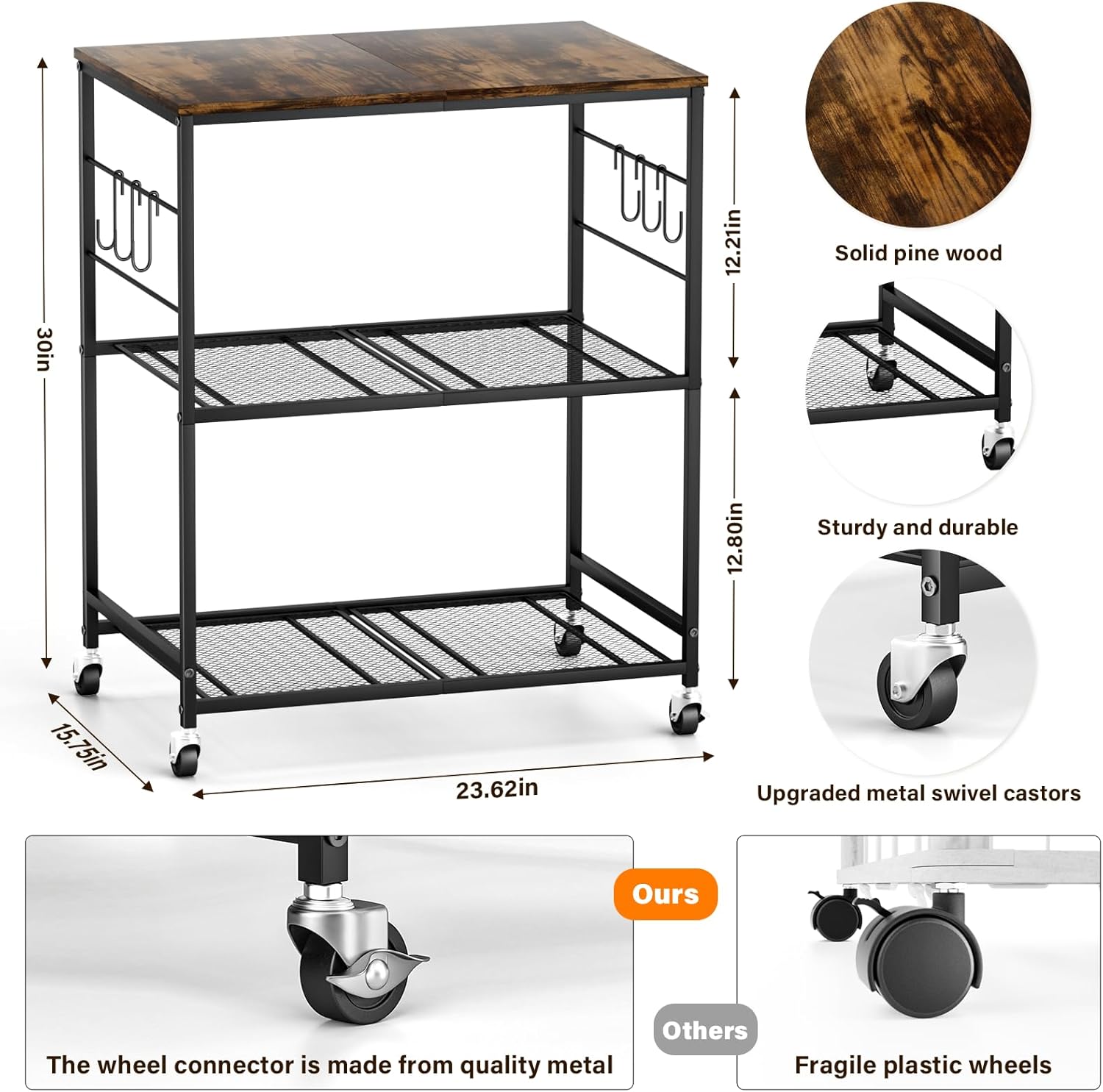 Abiglifty 3-Tier Rolling Kitchen Cart, Microwave Cart with Lockable Wheels, Kitchen Utility Cart, Mobile Microwave Stand with Storage for Living Room, Office, Balcony, Bathroom, Black