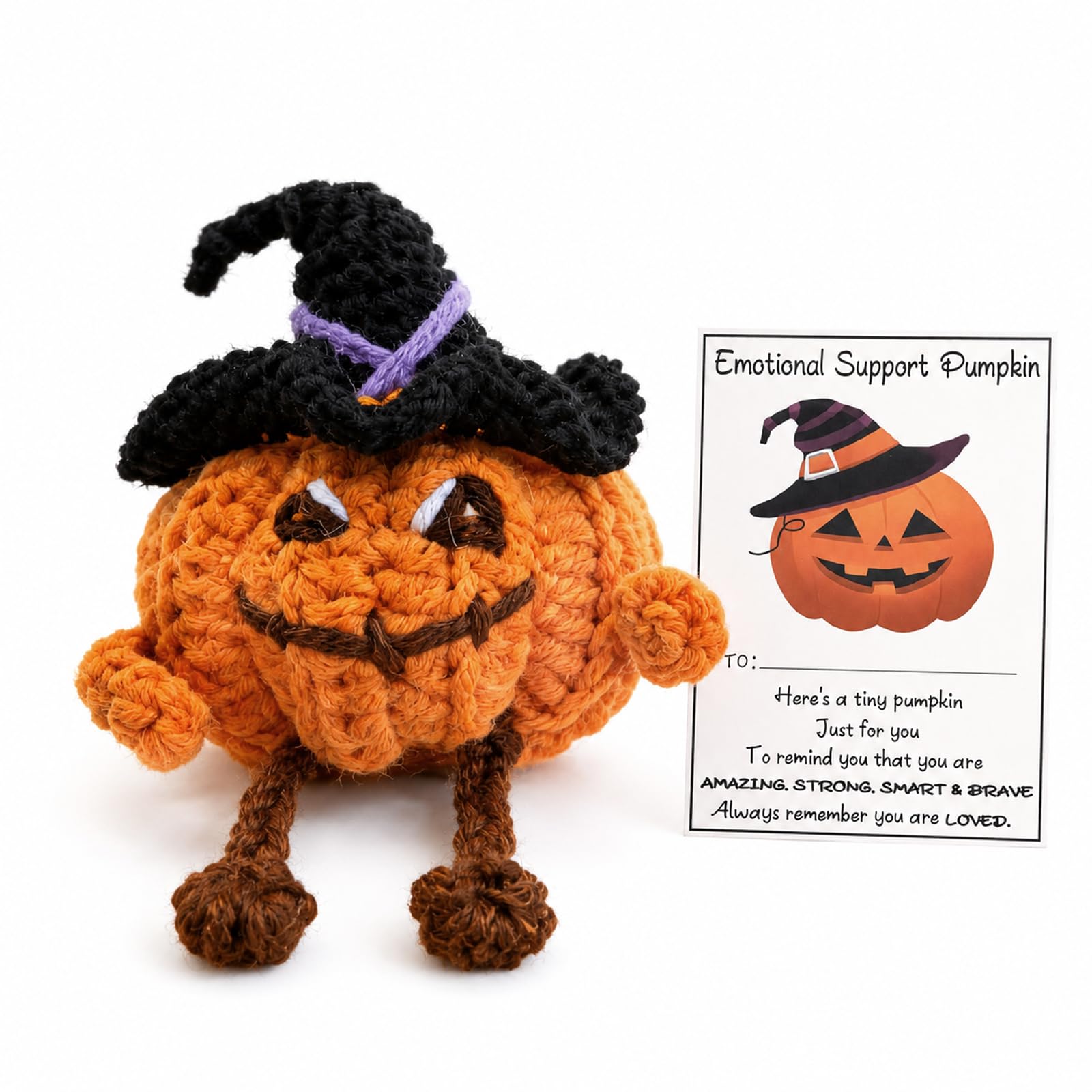 Handmade Crochet Halloween Pumpkin with Wizard Hat & Encouragement Card