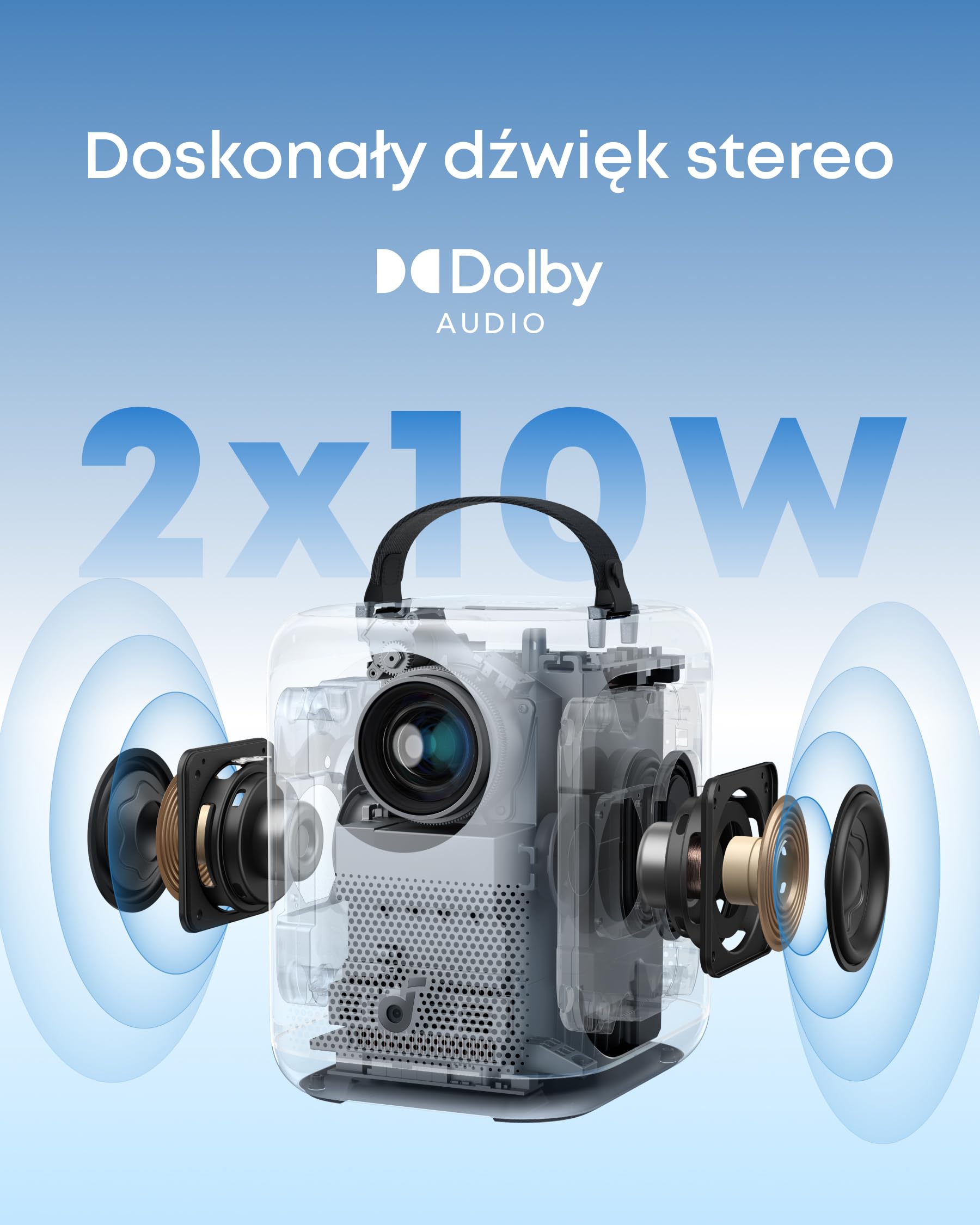 Inteligentny projektor soundcore Nebula P1i z WiFi i Bluetooth, obrotowymi głośnikami, dźwiękiem Dolby Audio 2.0, jasnością 380 ANSI lumenów, rozdzielczością Full HD 1080P