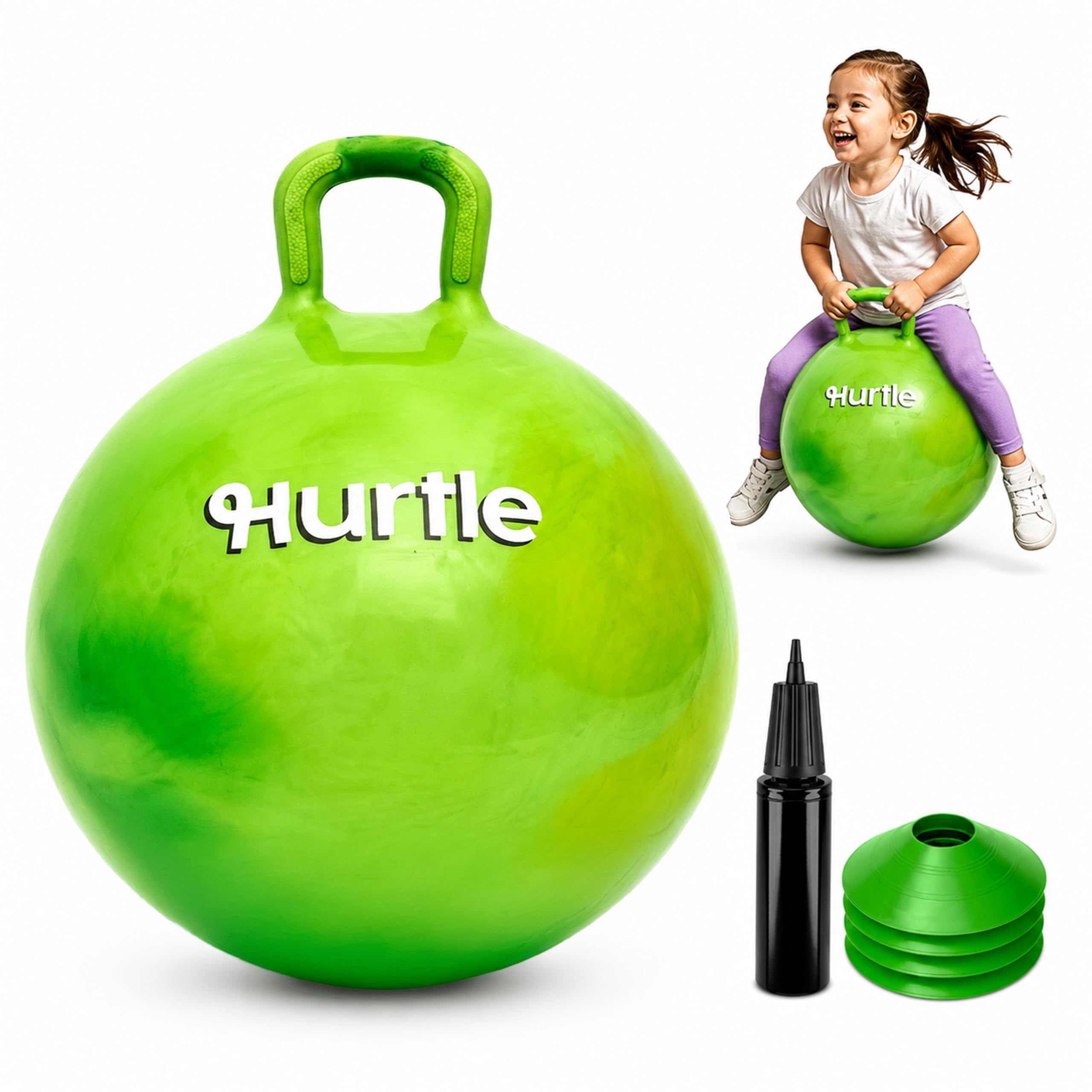 Hurtle Space Hopper 20 Inch Hopper Ball with Sturdy Handle, Pump and Cones for Balance, Coordination and Active Indoor Outdoor Play, Green Marble