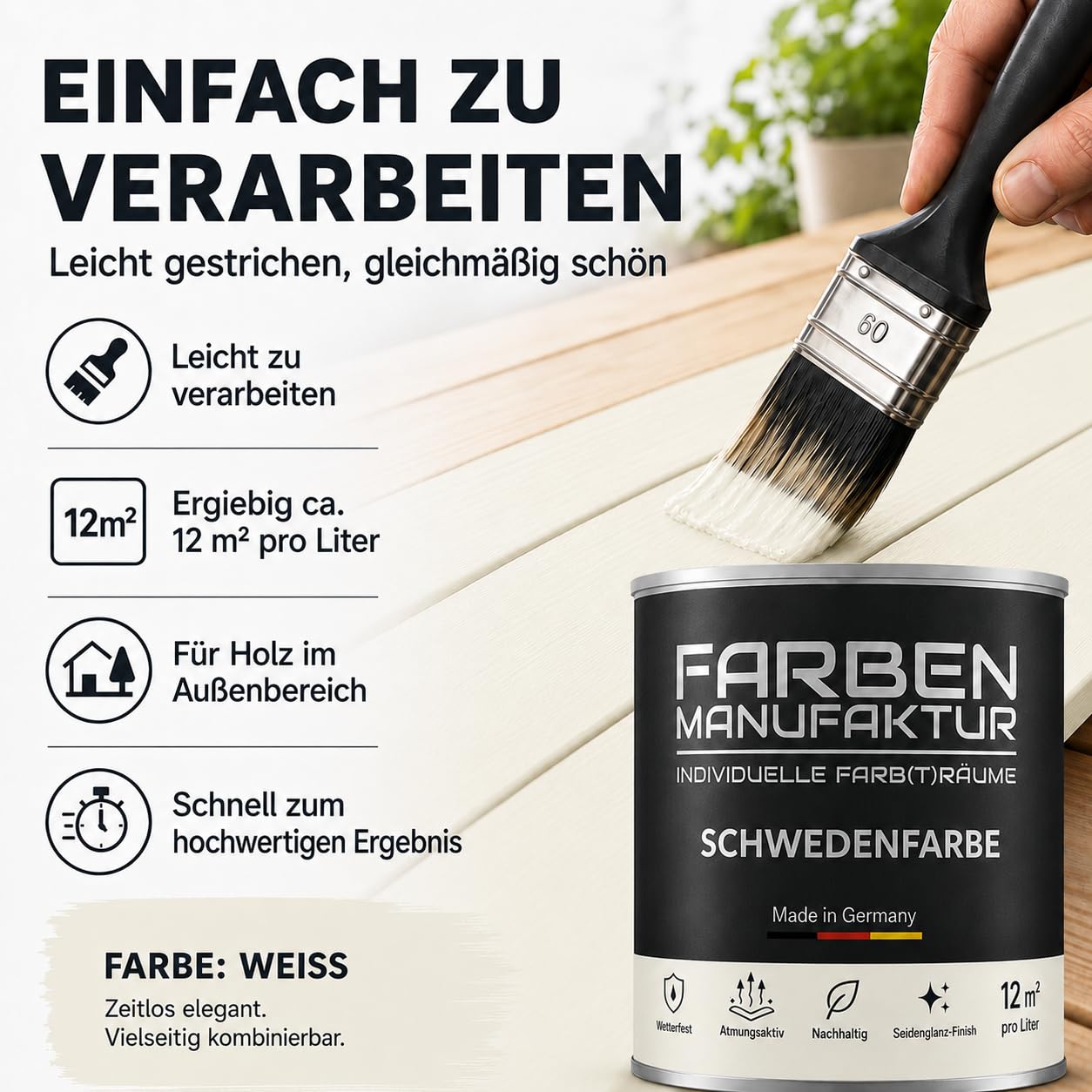 Schwedenfarbe Holzfarbe Außen Wetterfest – Holzschutzfarbe für Fassade, Gartenhaus, Zaun & Scheune – Diffusionsoffen & Nachhaltig Wetterschutzfarbe 2L, Größe: 2L, Farbe: weiß