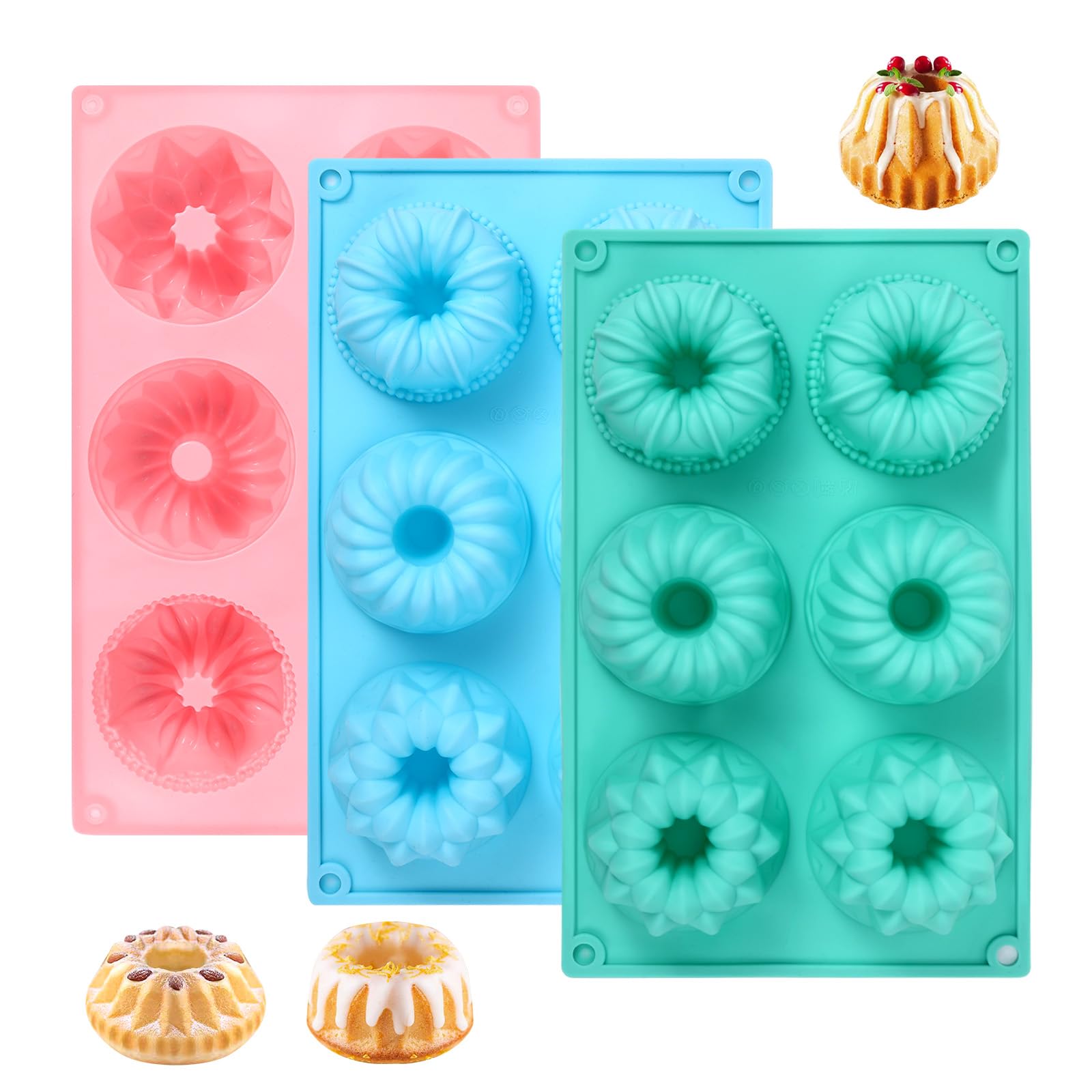 3 PCS Mini Bundt Cake Pans for Baking, 6-Cavity Fluted Tubular Mini Cake Pans, Silicone Molds for Baking, Ideal for Brownies, Cookies, Cupcakes, Jellies, Muffins, Donuts(Three Shapes)