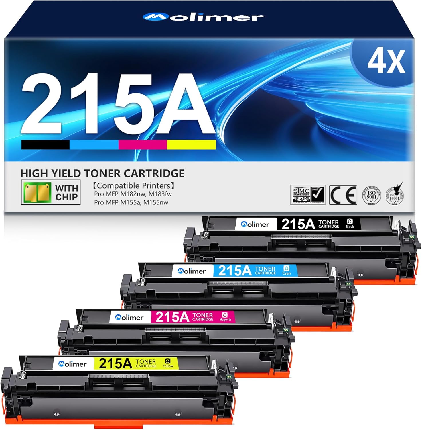 215A Toner Cartridges 4 Pack (with Chip) Compatible Replacement for HP 215A W2310A W2311A W2312A W2313A for Color Laserjet Pro MFP M182nw M183fw M155a M155nw Printer (Black Cyan Yellow Magenta)